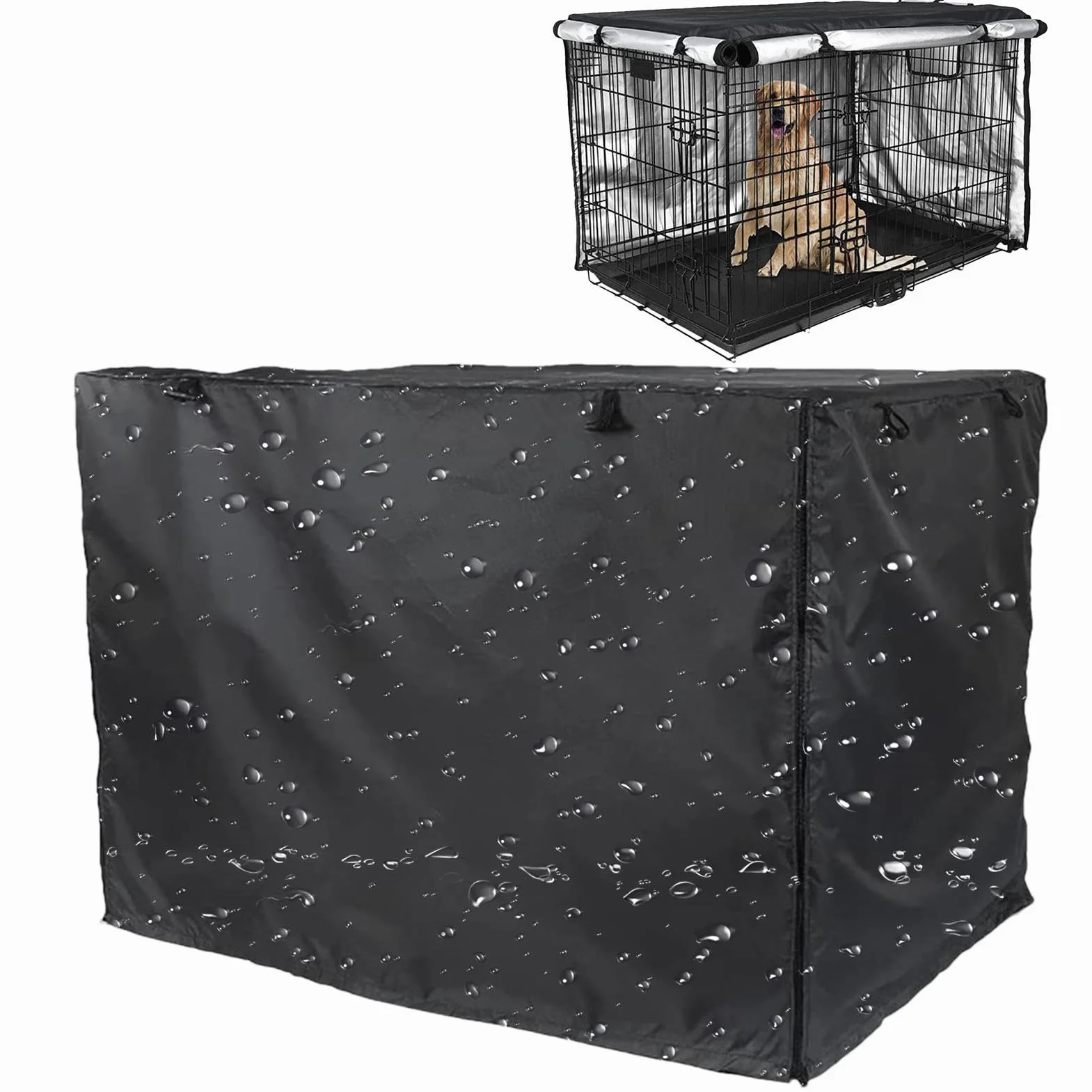 Housse de niche pour chien en tissu enduit d'argent double porte imperméable anti-UV avec fenêtre d'aération extérieur