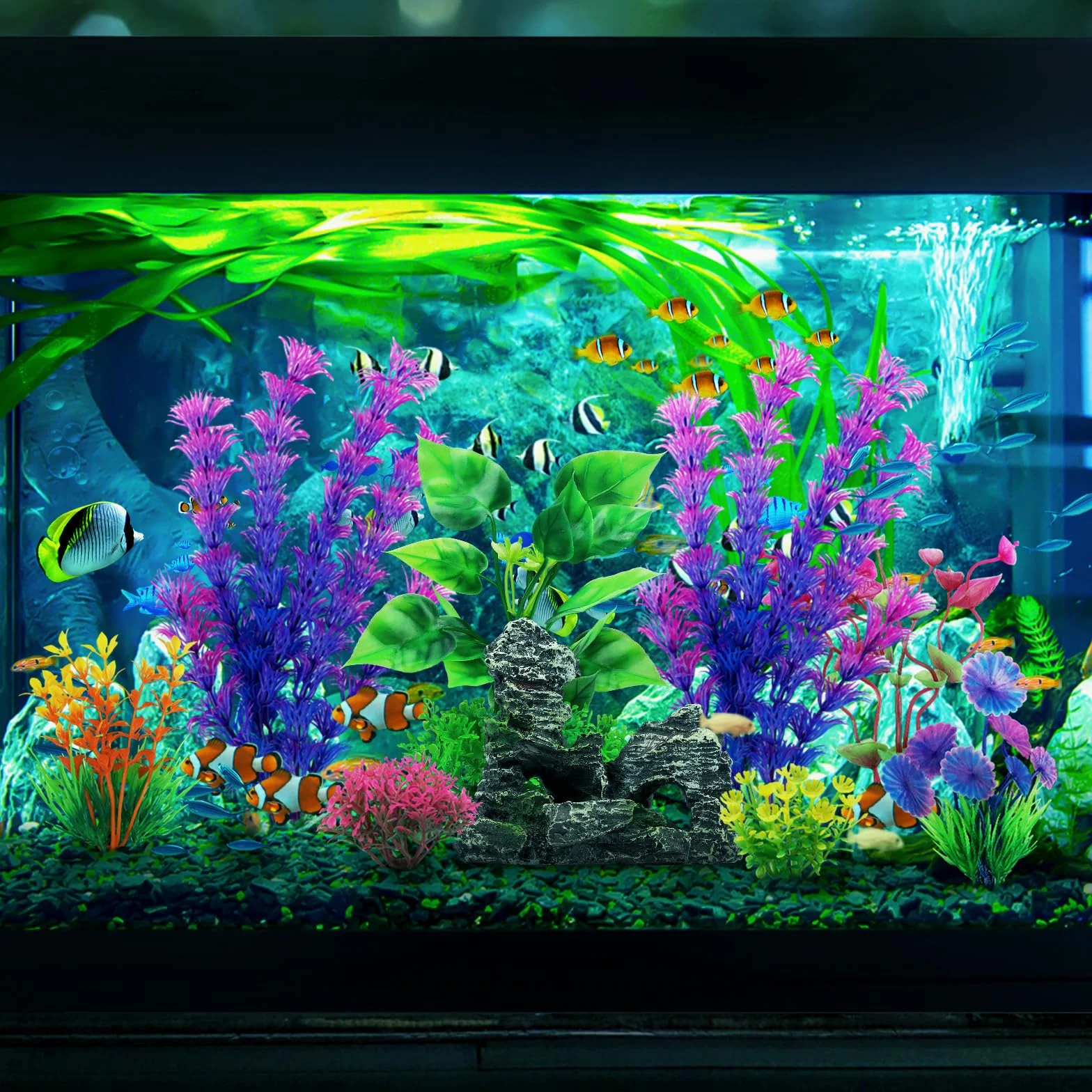 QUOZUO Plantes d'Aquarium Artificielle avec Rocher Polyrésine Grotte Ornement 9 Pièces