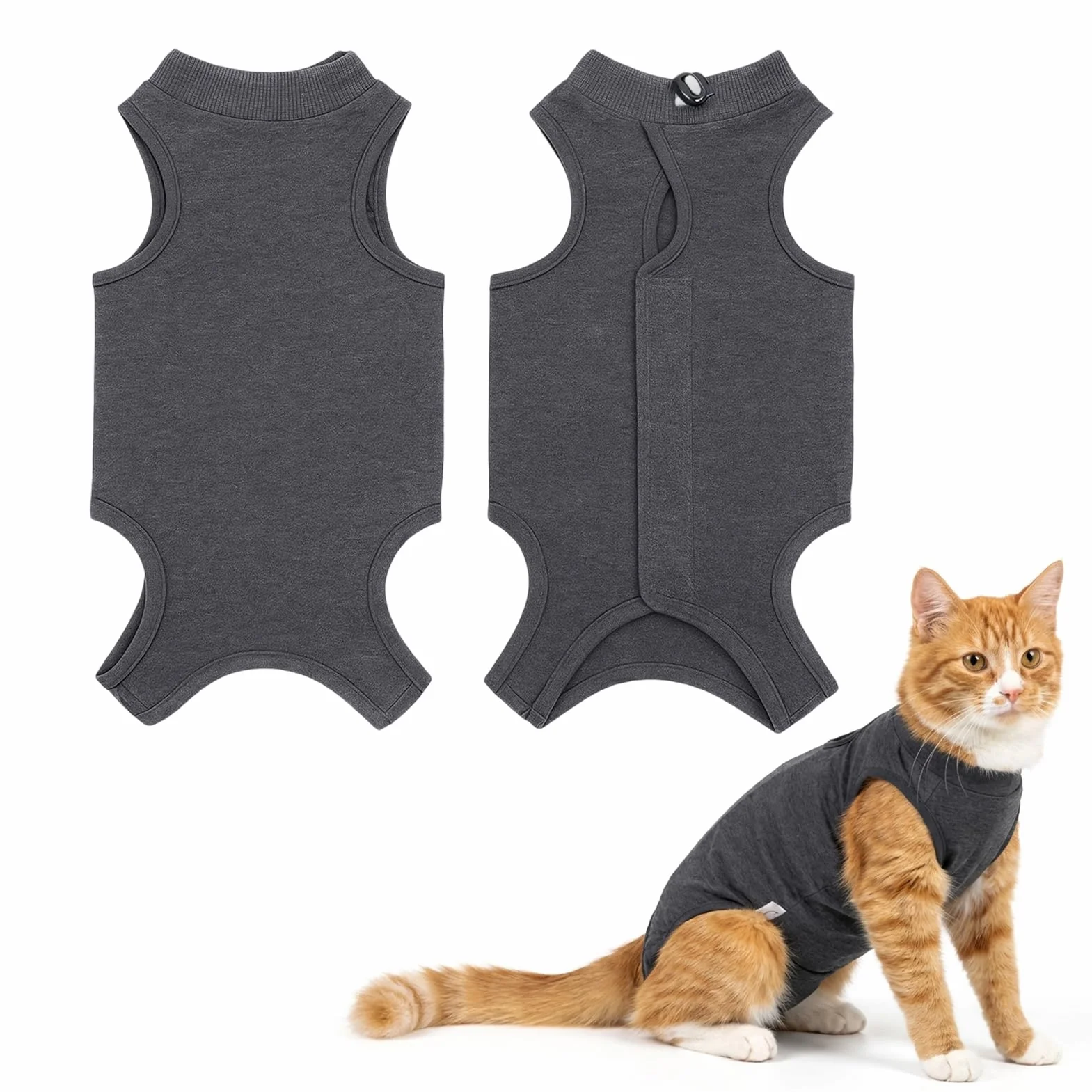 Body pour Chat après Stérilisation, Post Opératoire, Coton Doux, Protection Plaies, Taille M, 3-5kg, Gris