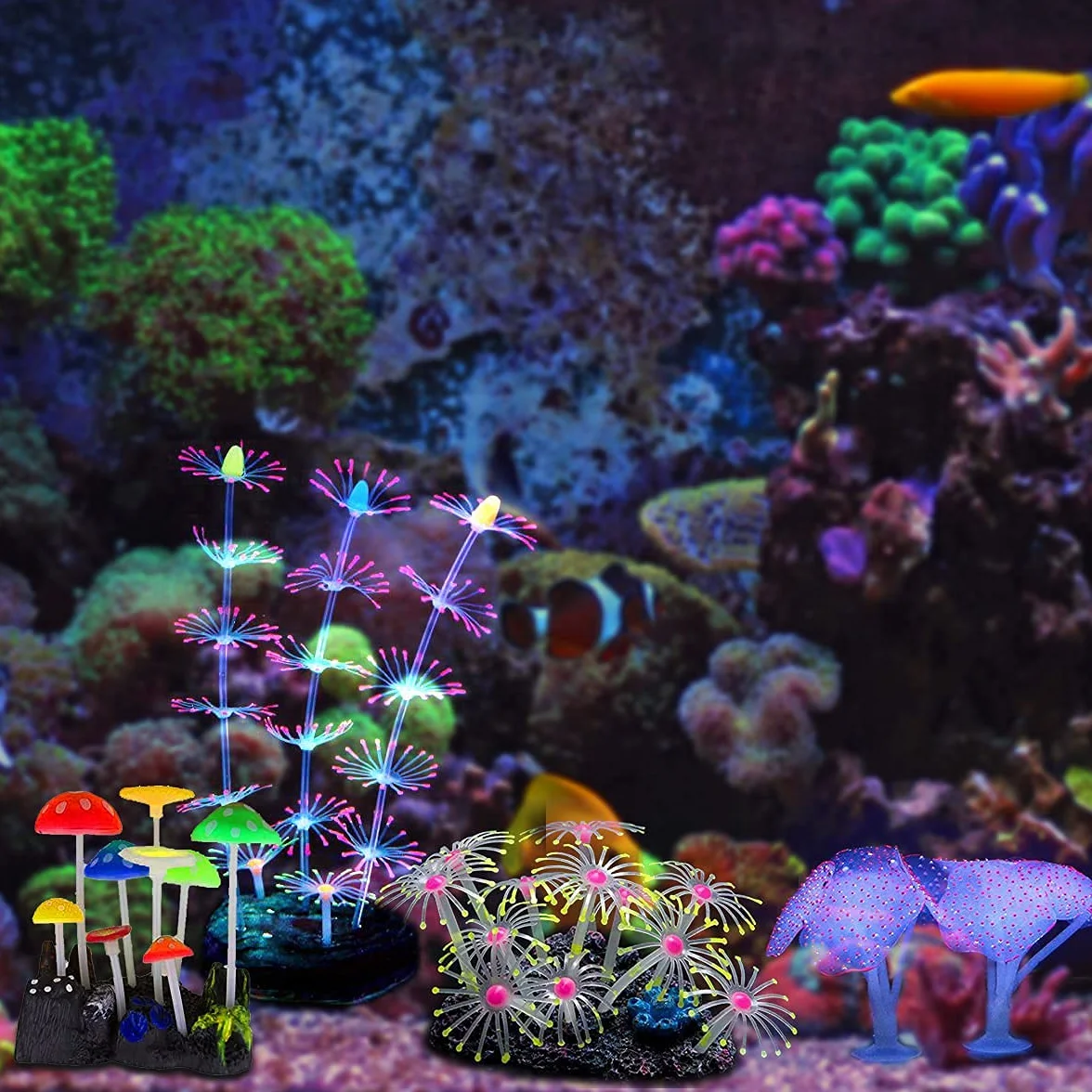Podazz Lot de 4 Décorations Fluorescentes pour Aquarium, Corail Artificiel et Anémone en Silicone