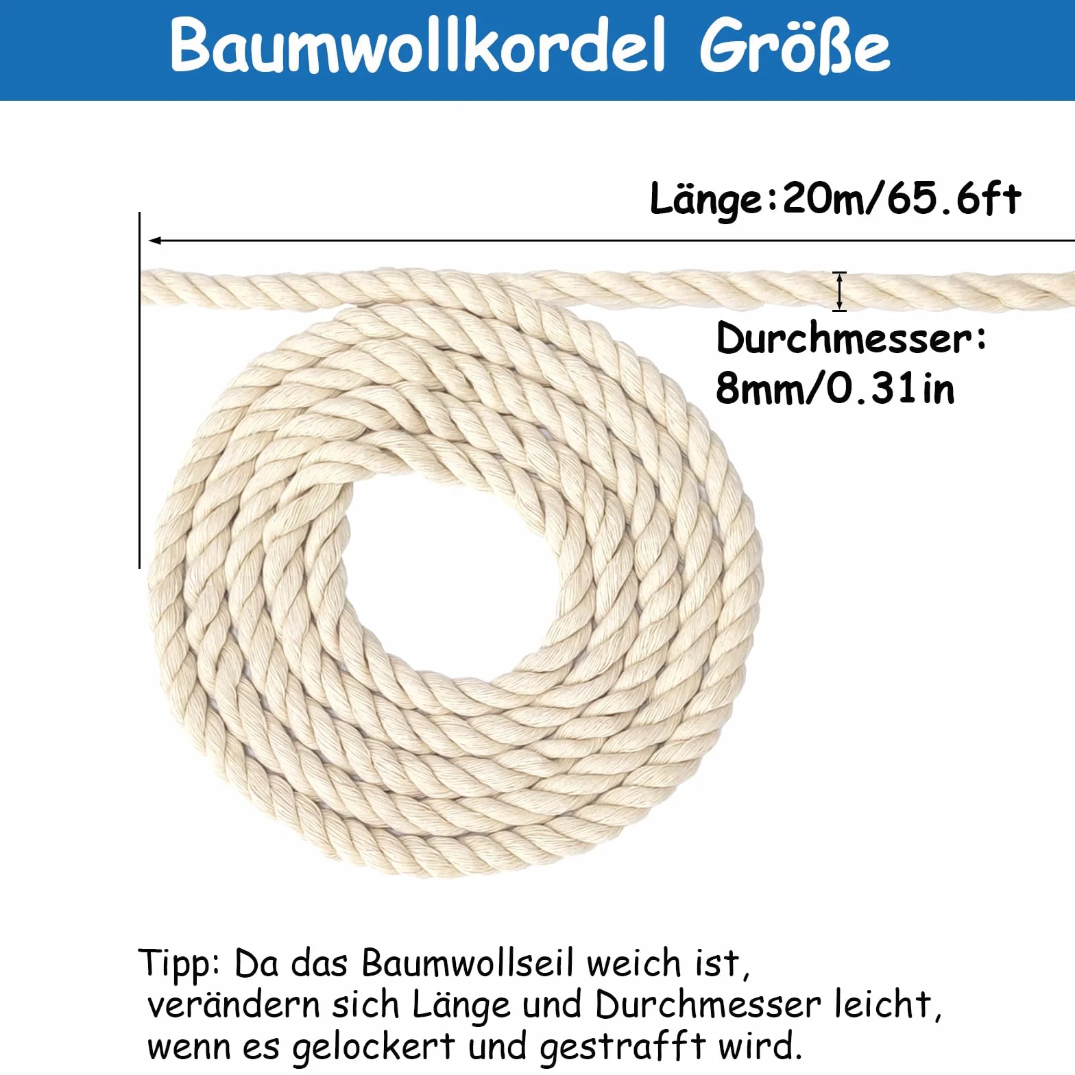 FOSER Corde en coton, Fil de macramé, Cordon de coton pour artisanat DIY, projets décoratifs, jouet pour animaux de compagnie (8mm(20M))