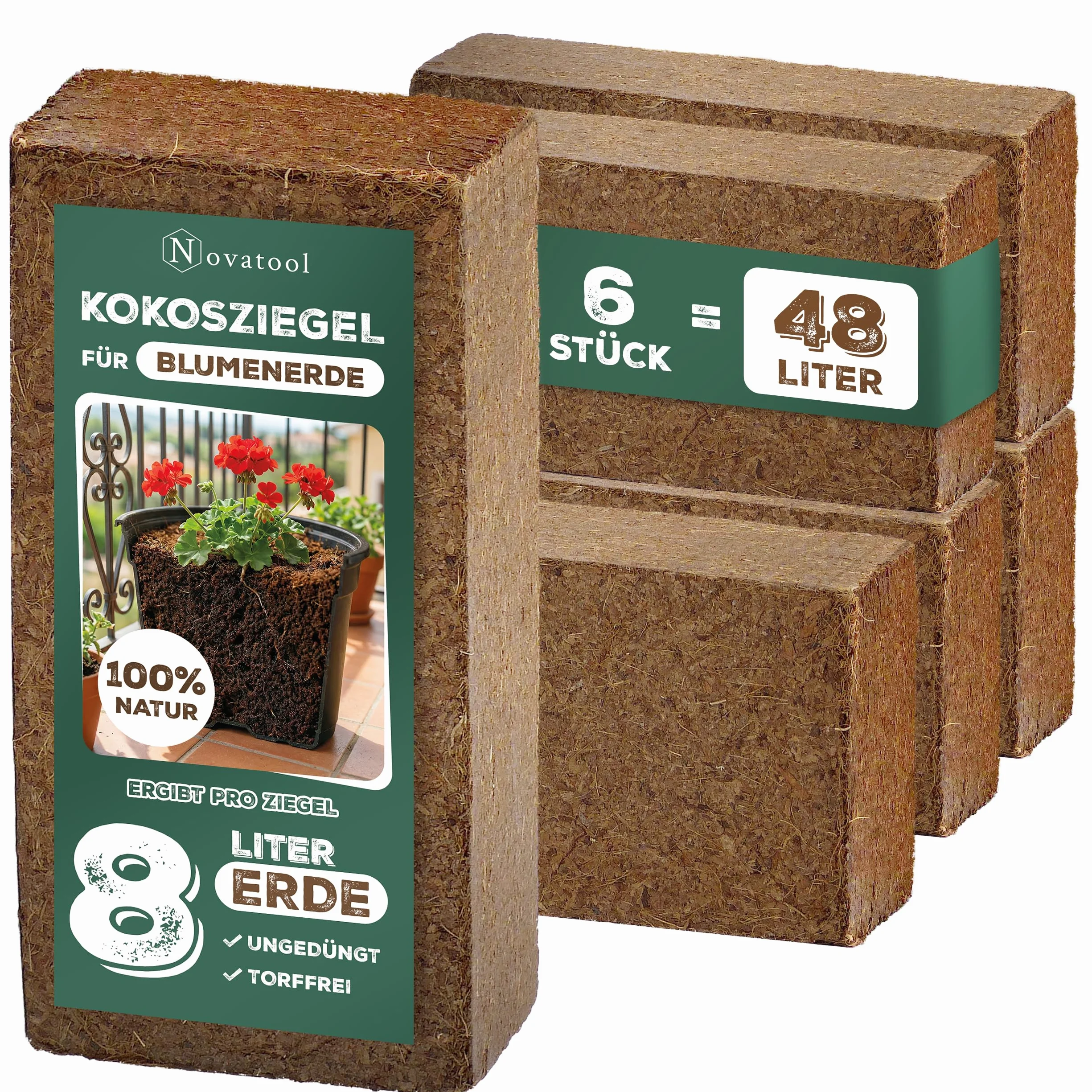 Novatool Lot de 6 Briques Substrat de Coco 48L 650g 20x5,5x10 cm pour Terrarium Reptiles