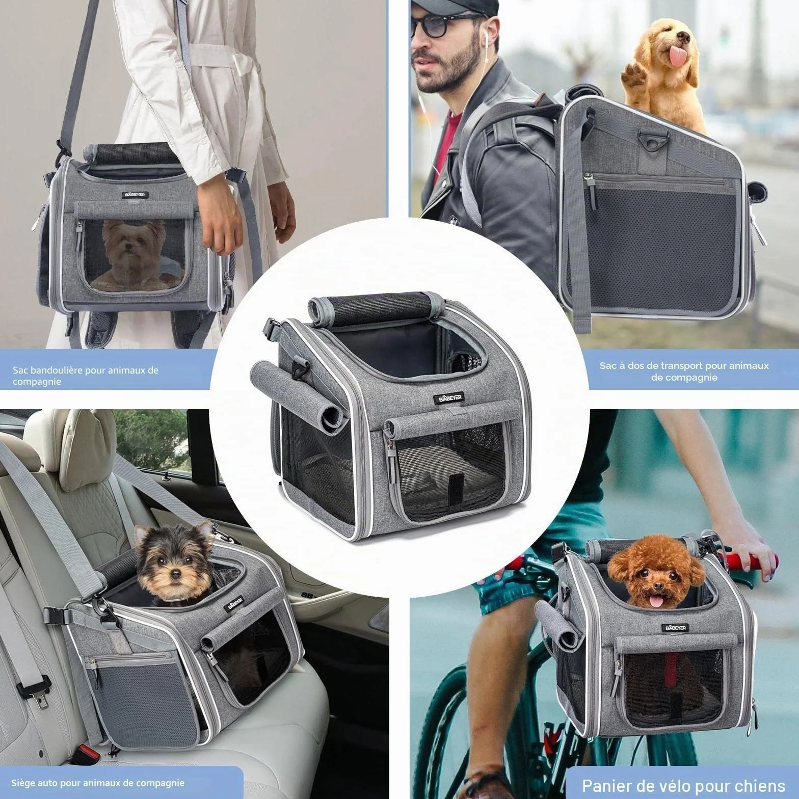 Panier de vélo pour chien sac à dos transport souple extensible 4 portes 4 fenêtres en maille gris