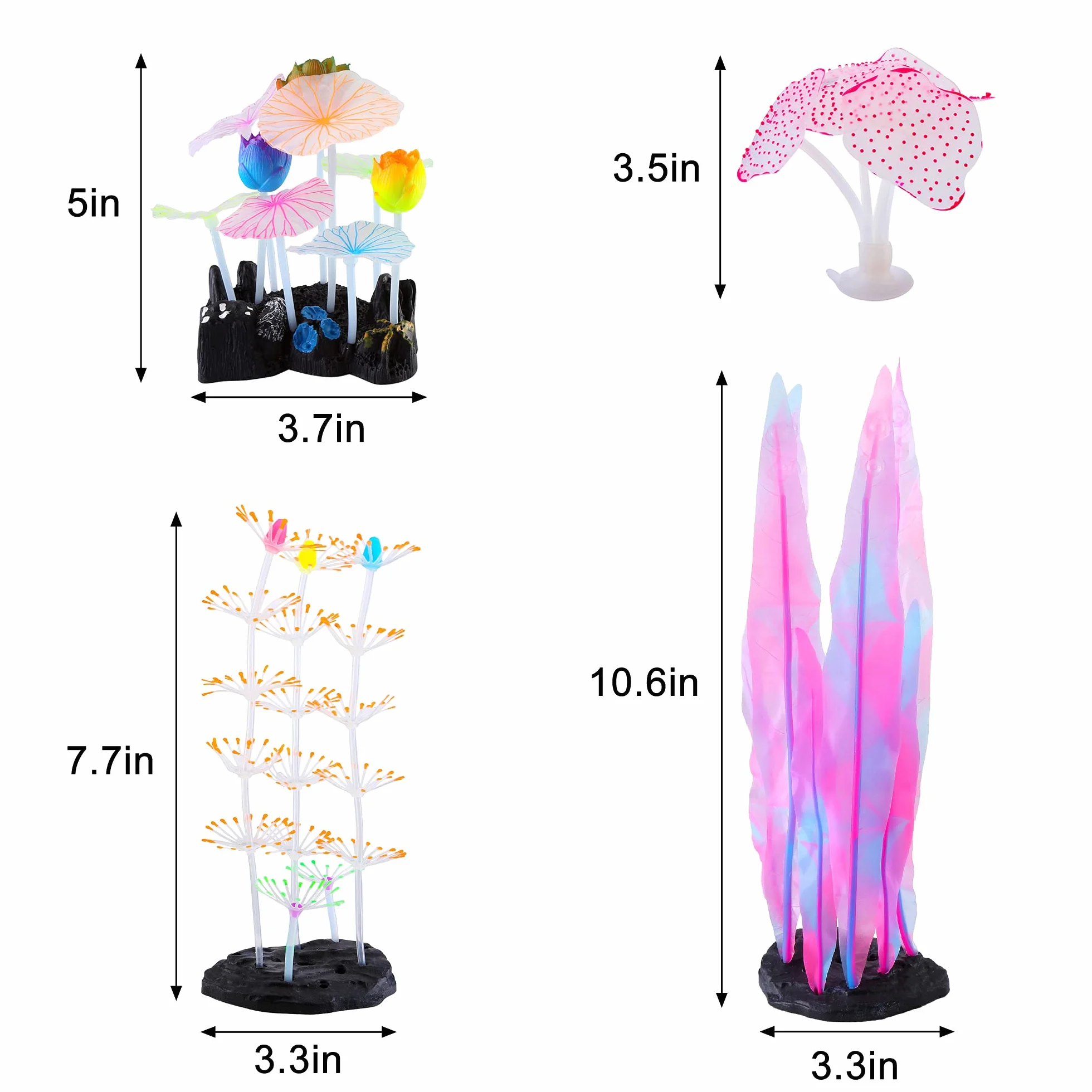 Lot de 4 plantes lumineuses pour aquarium corail lotus varech anémone