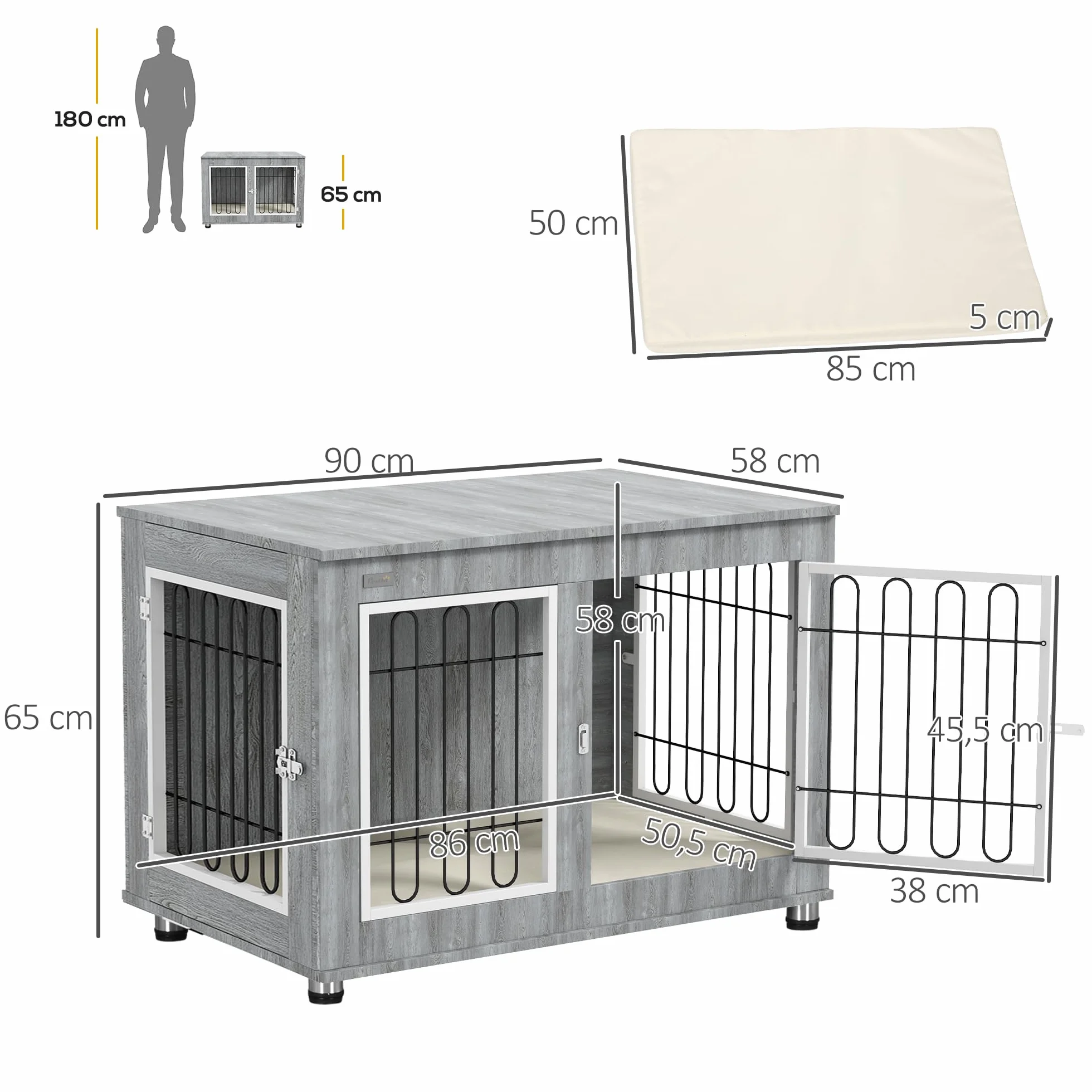 PawHut Cage pour Chien Meuble Table d'appoint Double Porte Coussin Niche Chien Moyenne Grande Taille 90 x 58 x 65 cm Gris