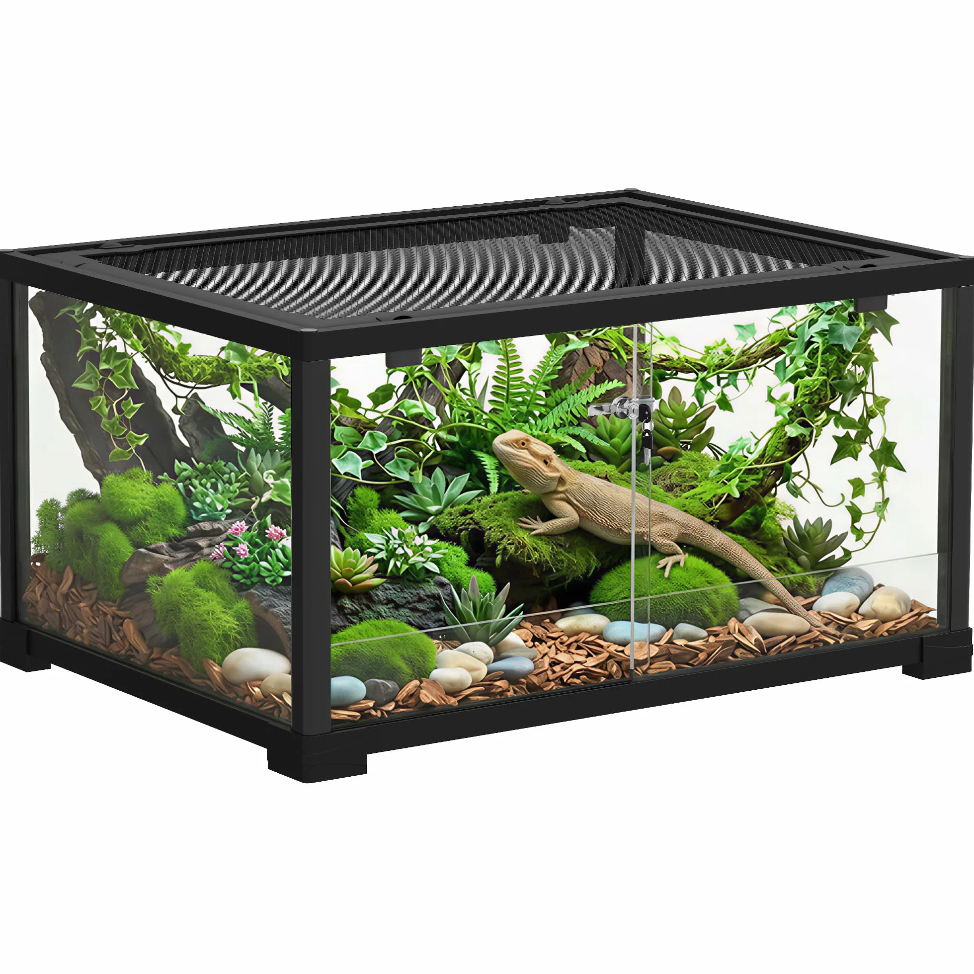 PawHut Terrarium en Verre 86L 60x45x32cm pour Reptiles Lézards Serpents Geckos Porte Coulissante Noir