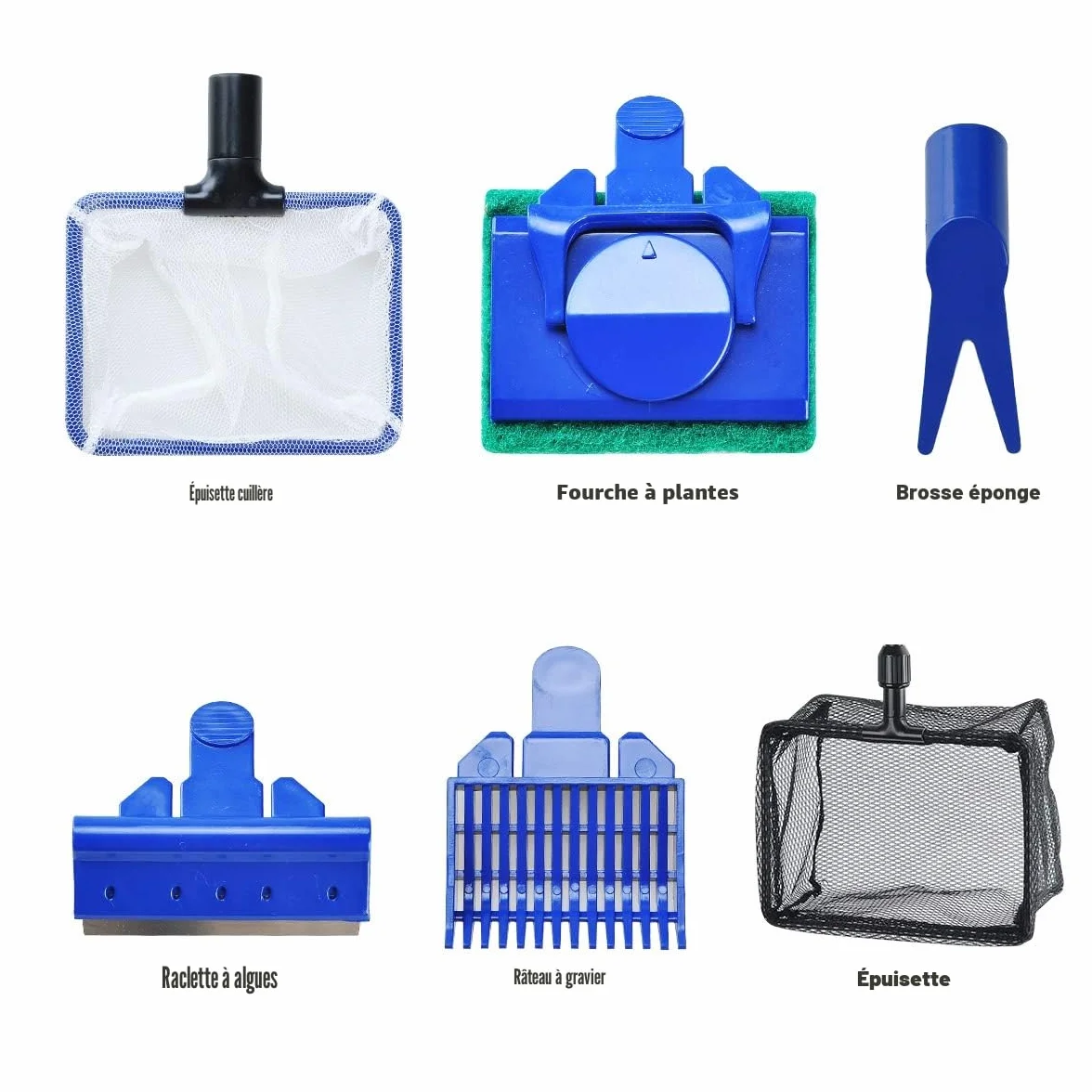 Kit de nettoyage d'aquarium 6 en 1 avec épuisette, râteau à gravier, pince à plantes, raclette, éponge et connecteur