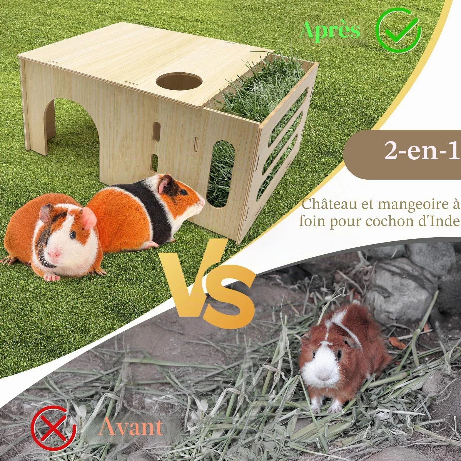 Maisonnette avec Mangeoire à Foin pour Lapin, 2 en 1 Cabane Cochon d'Inde en Bois pour Petits Animaux