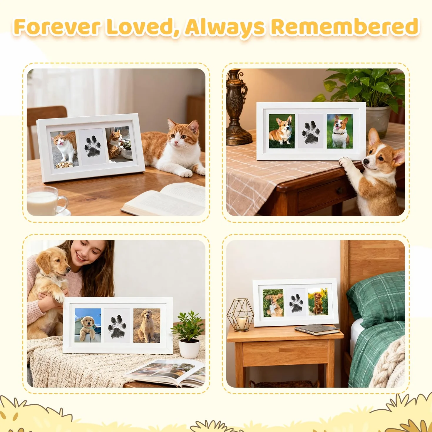 Kit Empreinte Chien Chat avec Cadre Photo en Bois, Kit d'Impression Bébé 0-6 Mois, Blanc