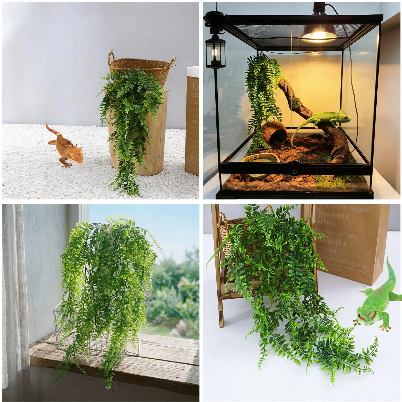 4-en-1 Plantes Suspendues et Hamac pour Reptiles – Ensemble de Décoration de Terrarium pour Reptiles avec Lianes Flexibles & Ventouses – Idéal pour Lézard, Caméléon, Gecko, Tortue (Vert)