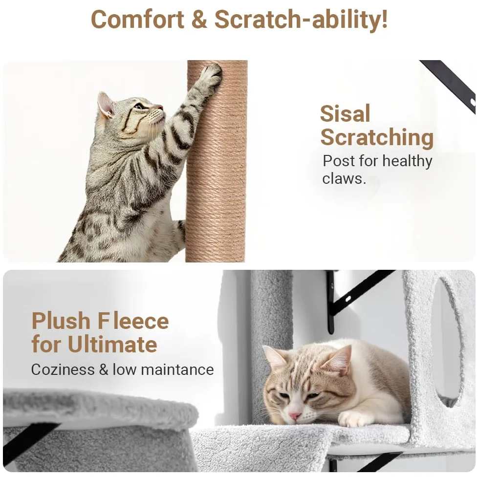 PawGiant Ensemble de mur d'escalade 5 en 1 pour chat, éléments muraux en bois, gris clair | Ensemble mural stable pour chat avec arbre à chat, planche à chat, niche, pont suspendu et repos, jusqu'à 18 kg