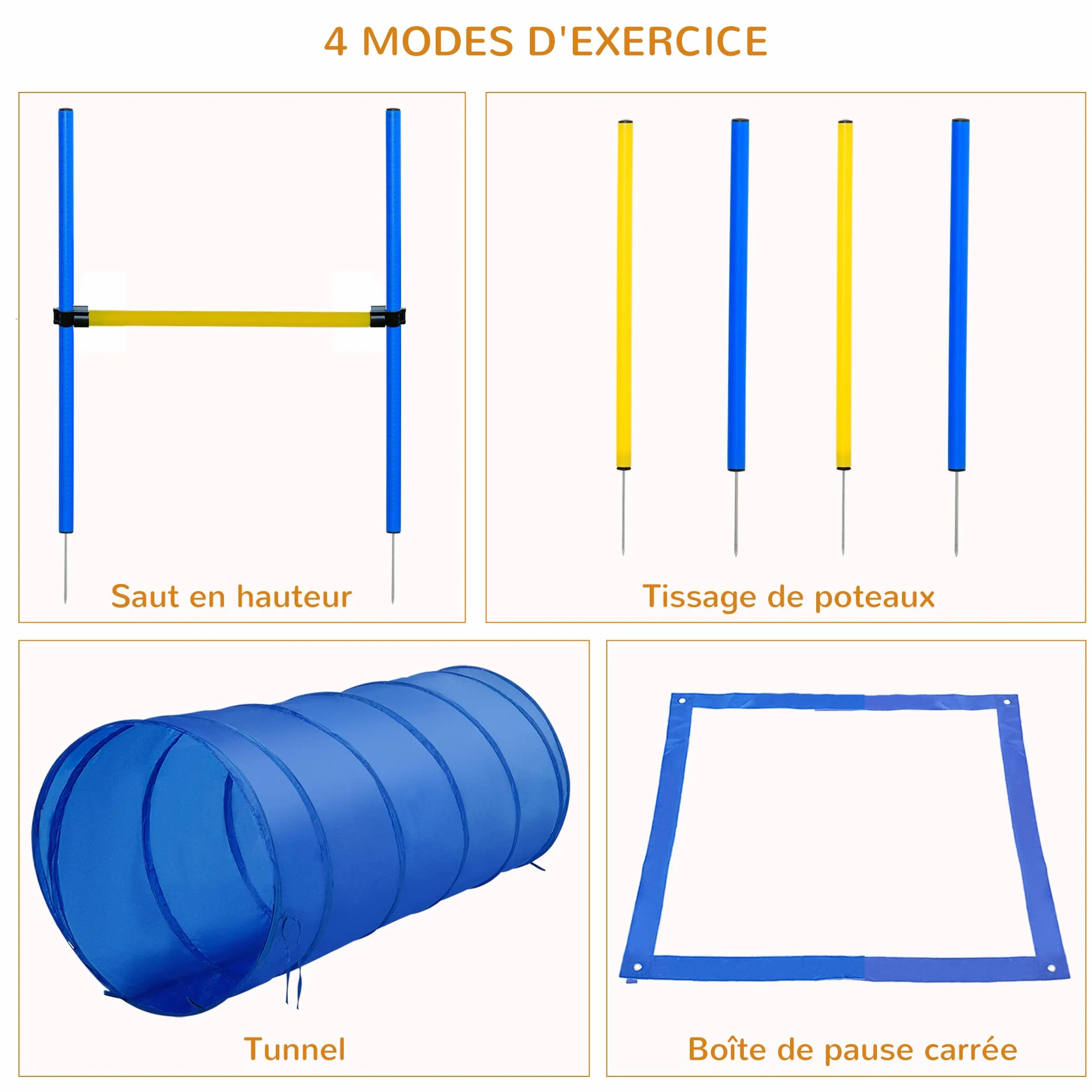 PawHut Agility Sport pour Chiens - Équipement Complet avec Tunnel, Slalom, Zone Repos et 2 Sacs de Transport Bleu Jaune