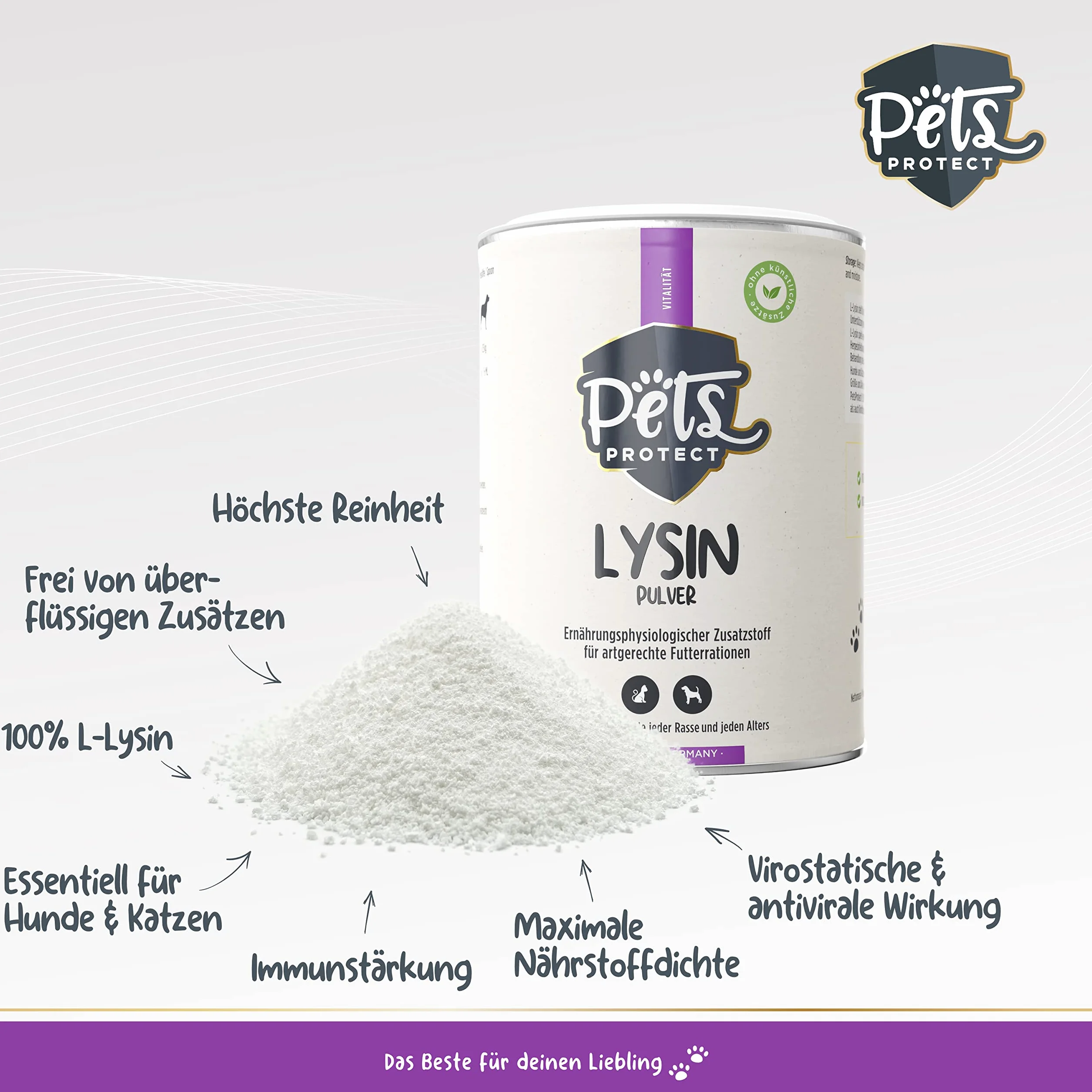 Pets PROTECT Lysine 100% Pur Poudre 150 g pour Chats & Chiens Contre Le Coryza du Chat
