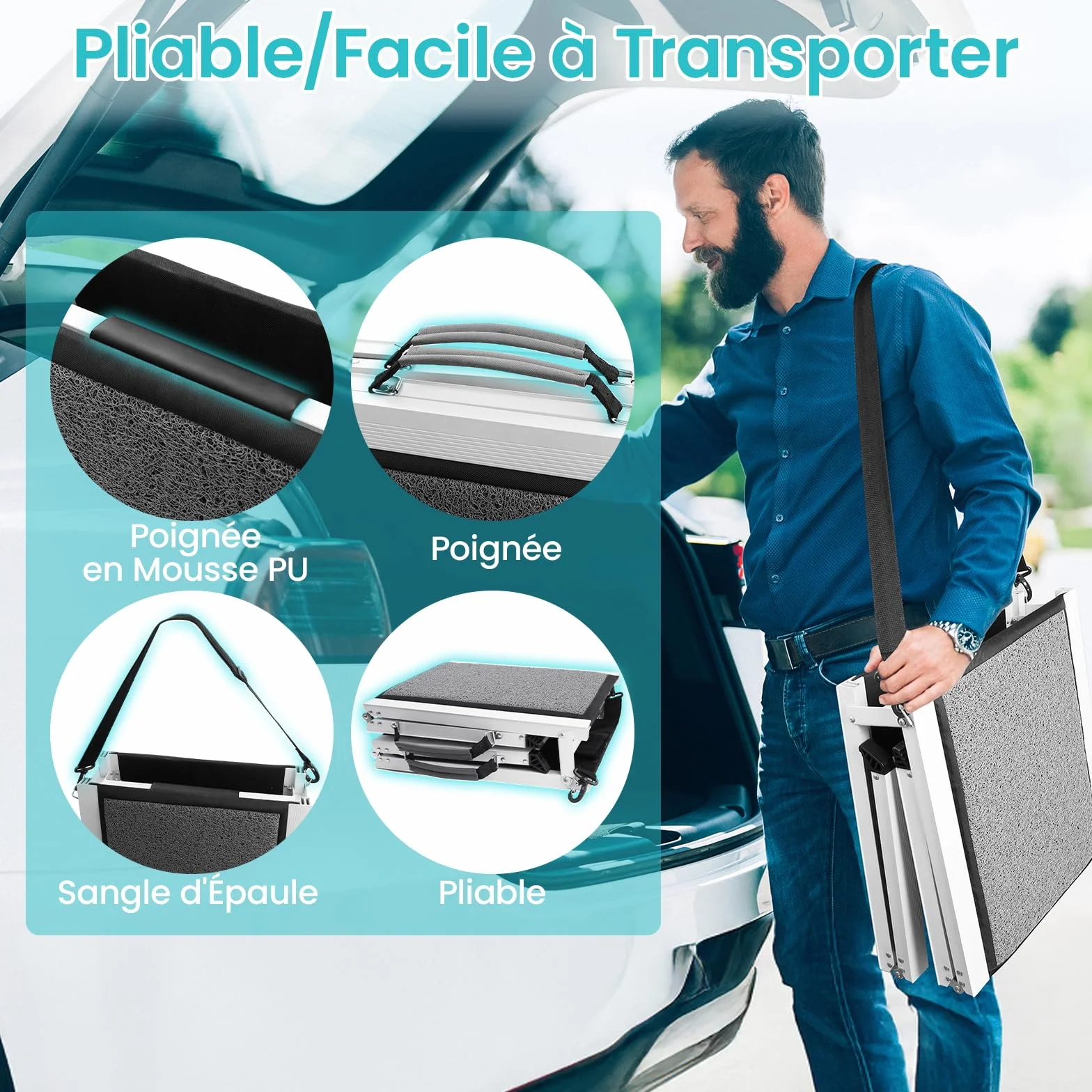 DAISTERN de BSWAY Rampe pour Chien Voiture Pliable 180cm x 50cm, Rampe d'Accès Escalier Extérieur avec Tapis Antidérapant, Cadre en Métal Aluminium Revêtu de Poudre Capacité de Charge jusqu'à 129KG