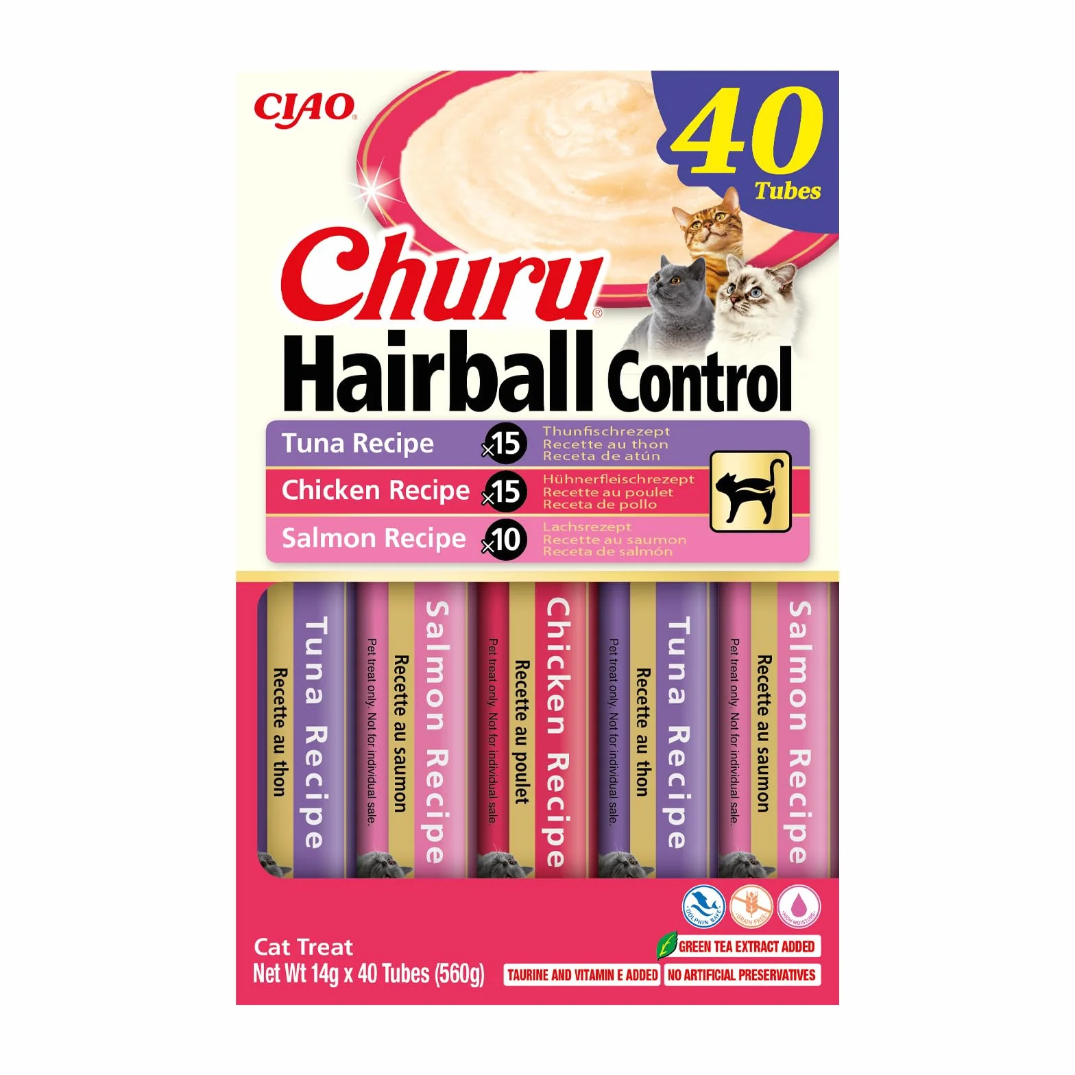 INABA Churu Hairball Control Friandises Crémeuses pour Chats Anti-Boules de Poils Thon Poulet Saumon 40 Sticks x 14g
