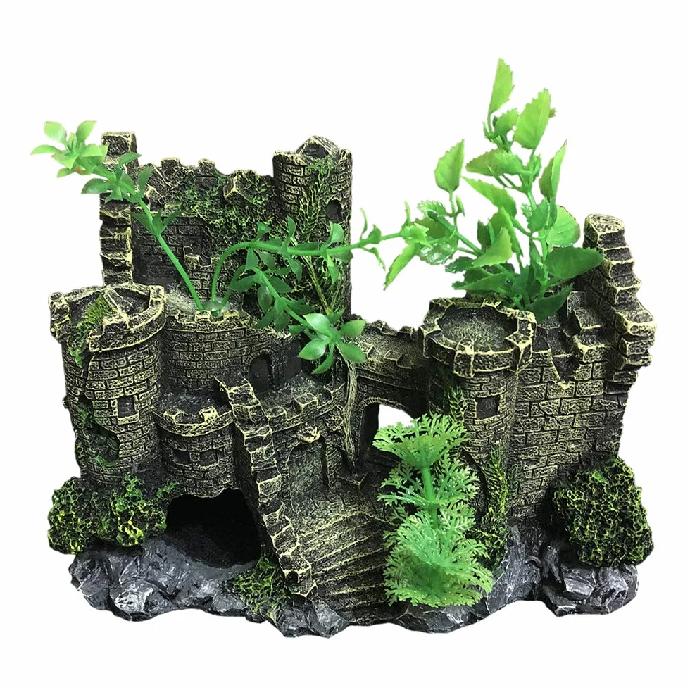 SLOCME Décorations de château médiéval en résine pour aquarium - Ornement paysage, accessoires décoration, abri château poissons Betta reptiles
