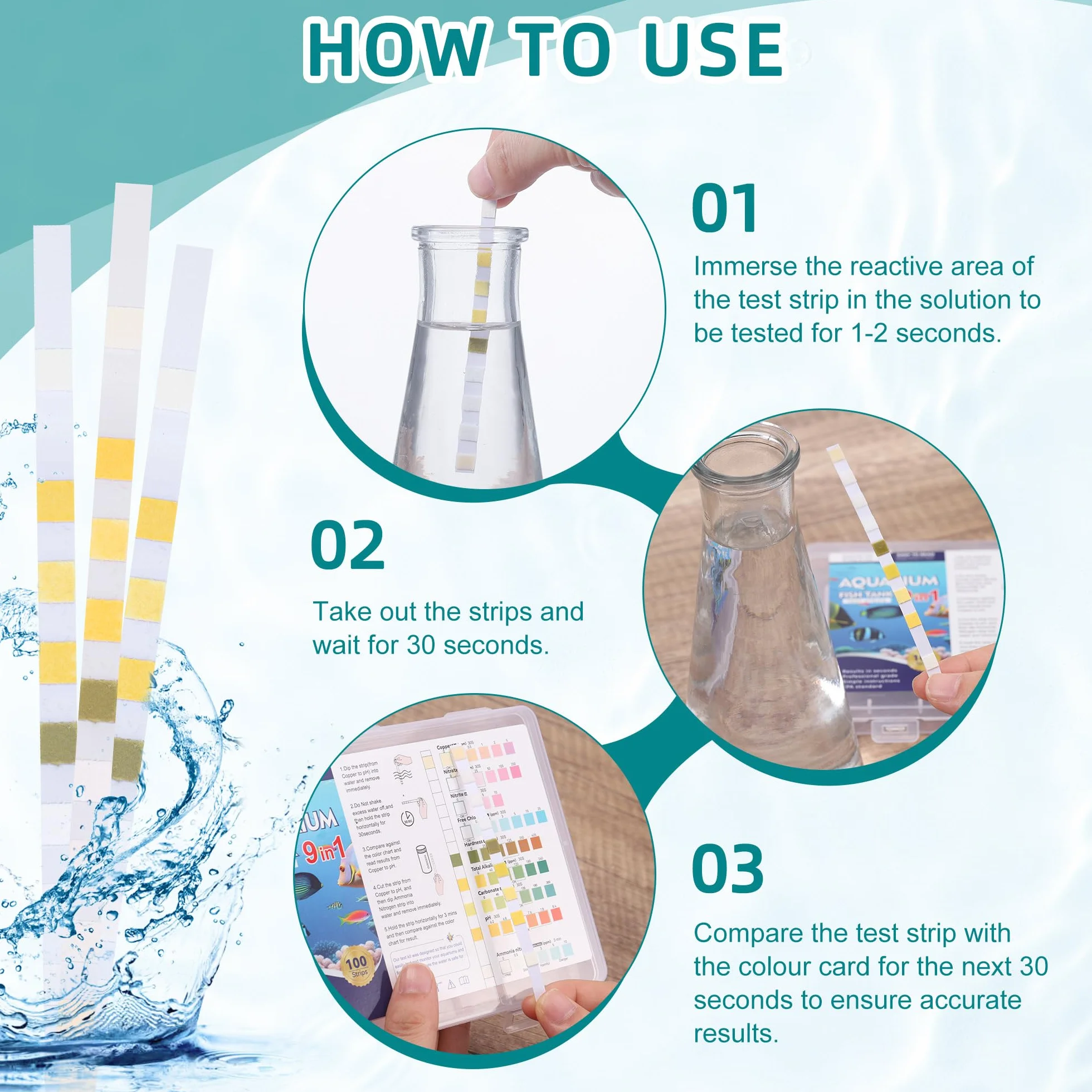 9 en 1 Bandelettes de Test pour Aquarium, Test d'eau Aquariophilie - Ammoniac, Nitrate, Nitrite, Chlore, pH, Dureté, Alcalinité, Cu - 100 Pièces
