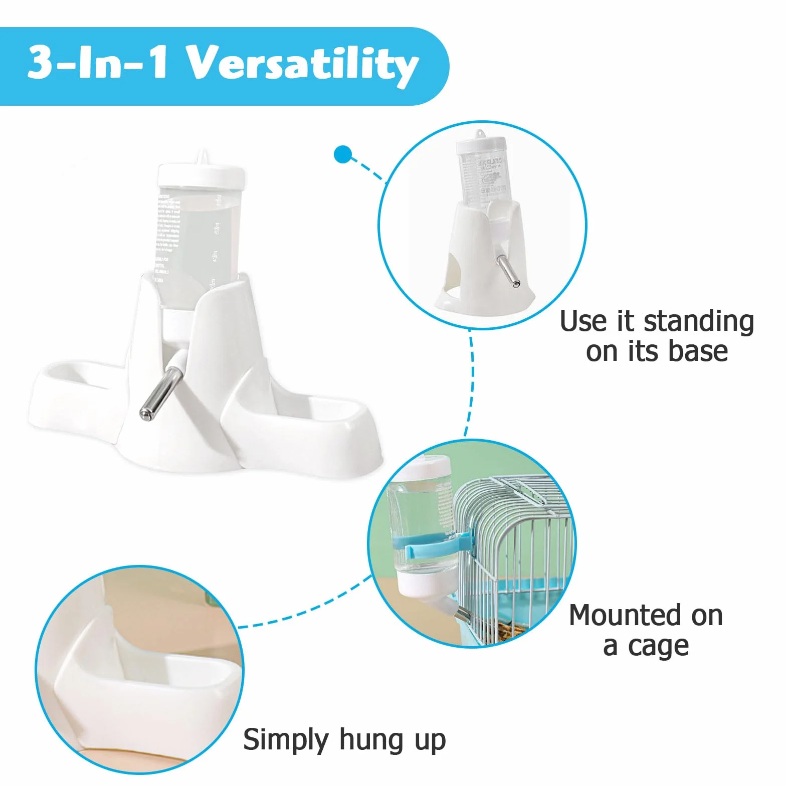 Bouteille d'Eau pour Hamster 80 ML Blanche, Distributeur Automatique 3 en 1 avec Double Bol et Support, sans Fuite