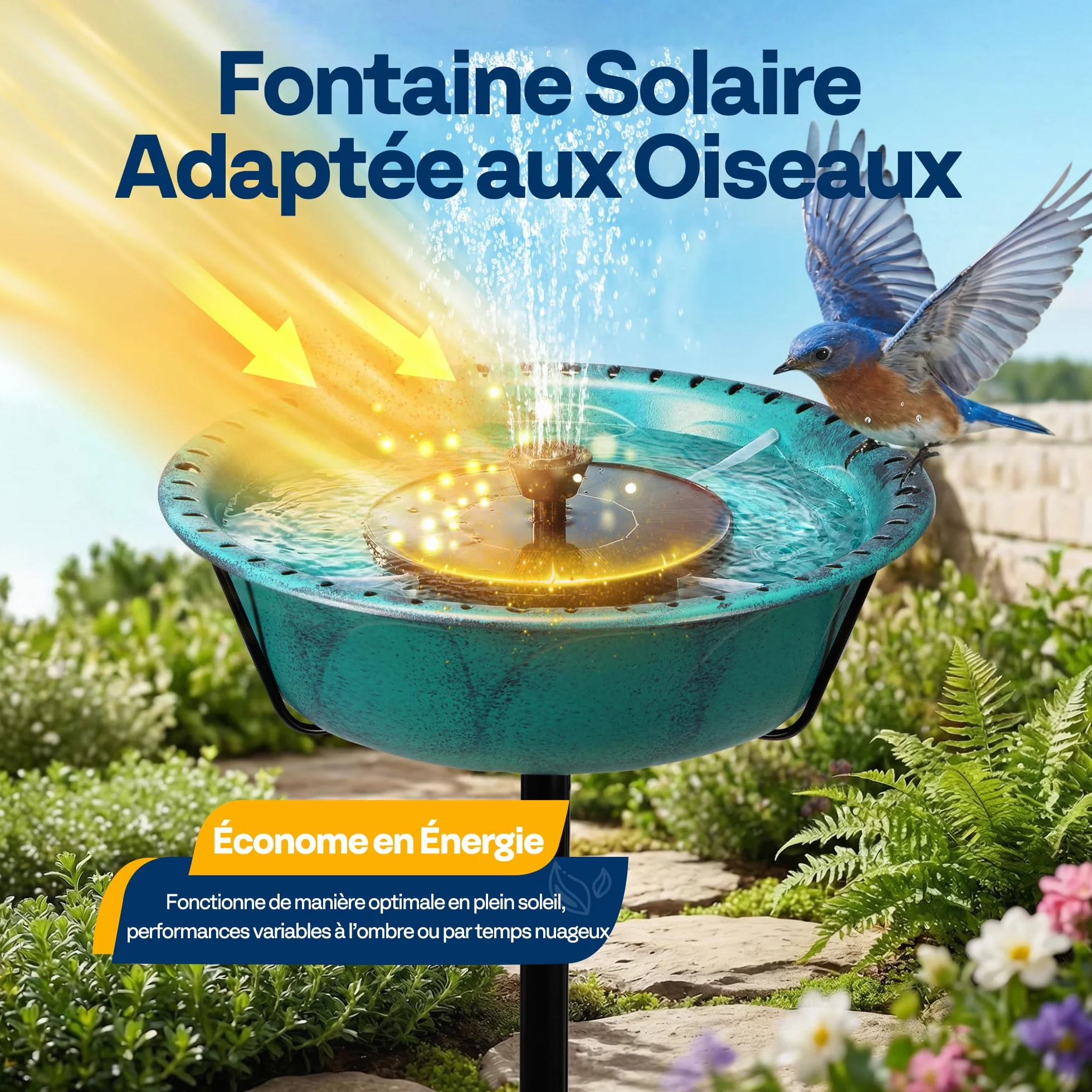 VIVOHOME Fontaine Solaire pour Bain d'oiseaux en Polyresine 74cm Mangeoire Extérieure sur Pied avec Tige en Métal