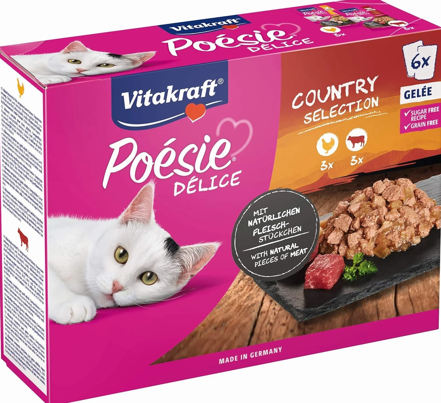 Vitakraft Poésie Délice, Country selection, nourriture humide pour chats, en gelée, avec du poulet, du bœuf (1 paquet de 6x85g)