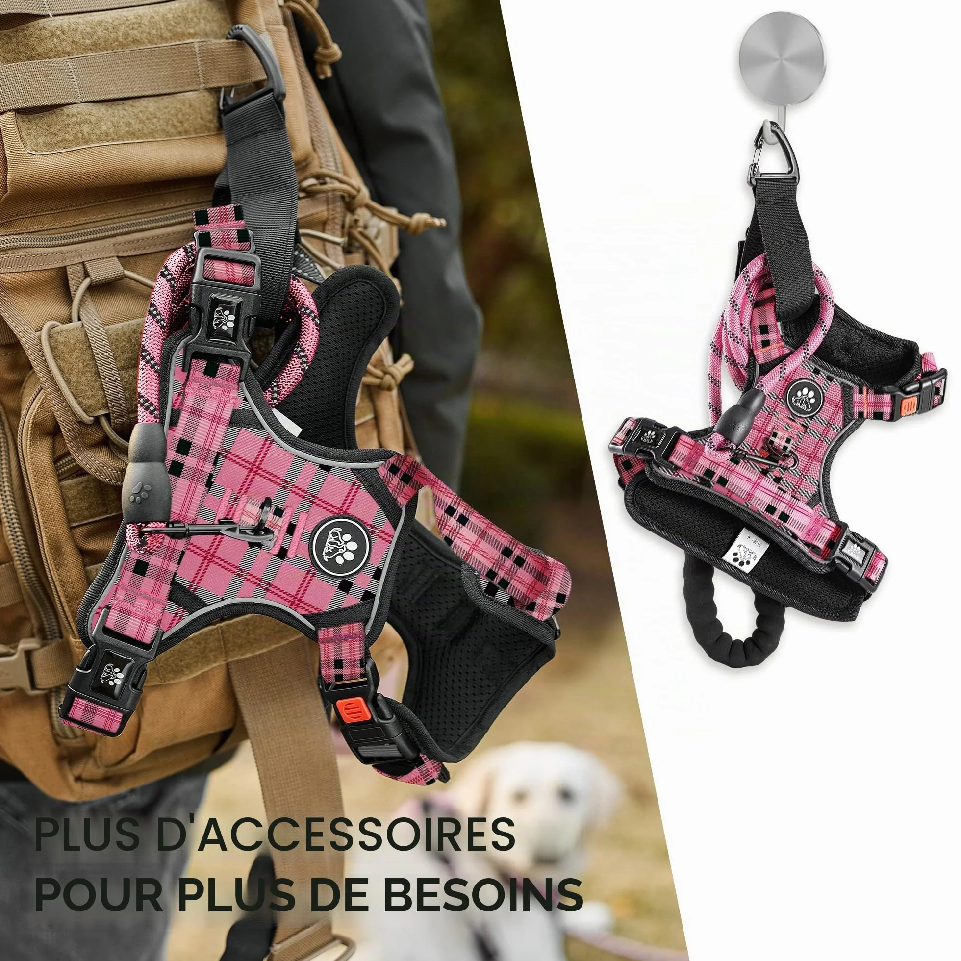 NESTROAD Harnais Anti Traction Chien Moyen Rose Plaid Taille M 33~43CM 43~64CM