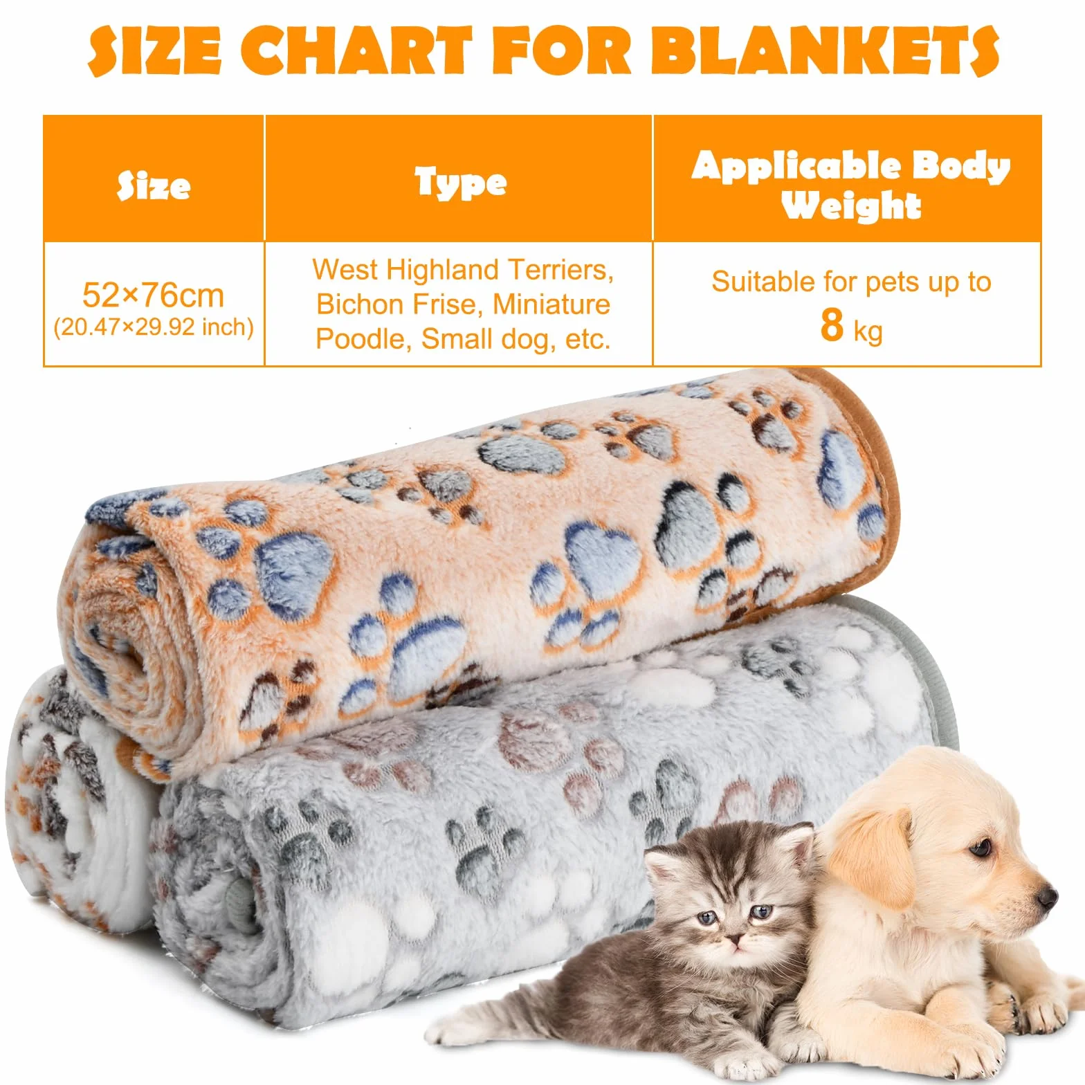 Couvertures pour Animaux 3Pcs, Flanelle Doux Chaud, Imprimé Patte, 52 x 76 cm, pour Chien Chat