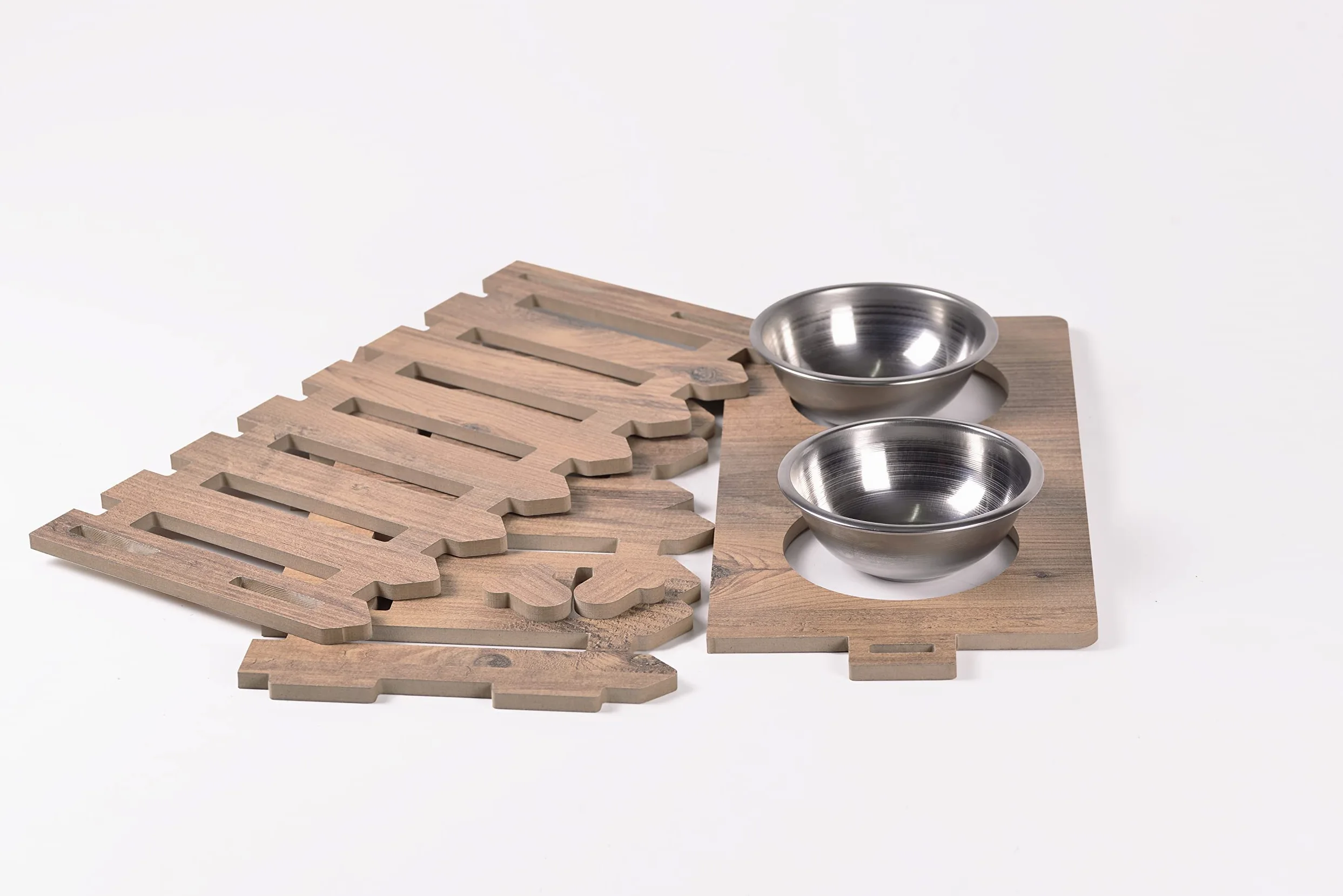 Lot de 2 supports en bois avec gamelles en céramique pour animaux domestiques et chats - Style clôture - Double gamelle en acier inoxydable