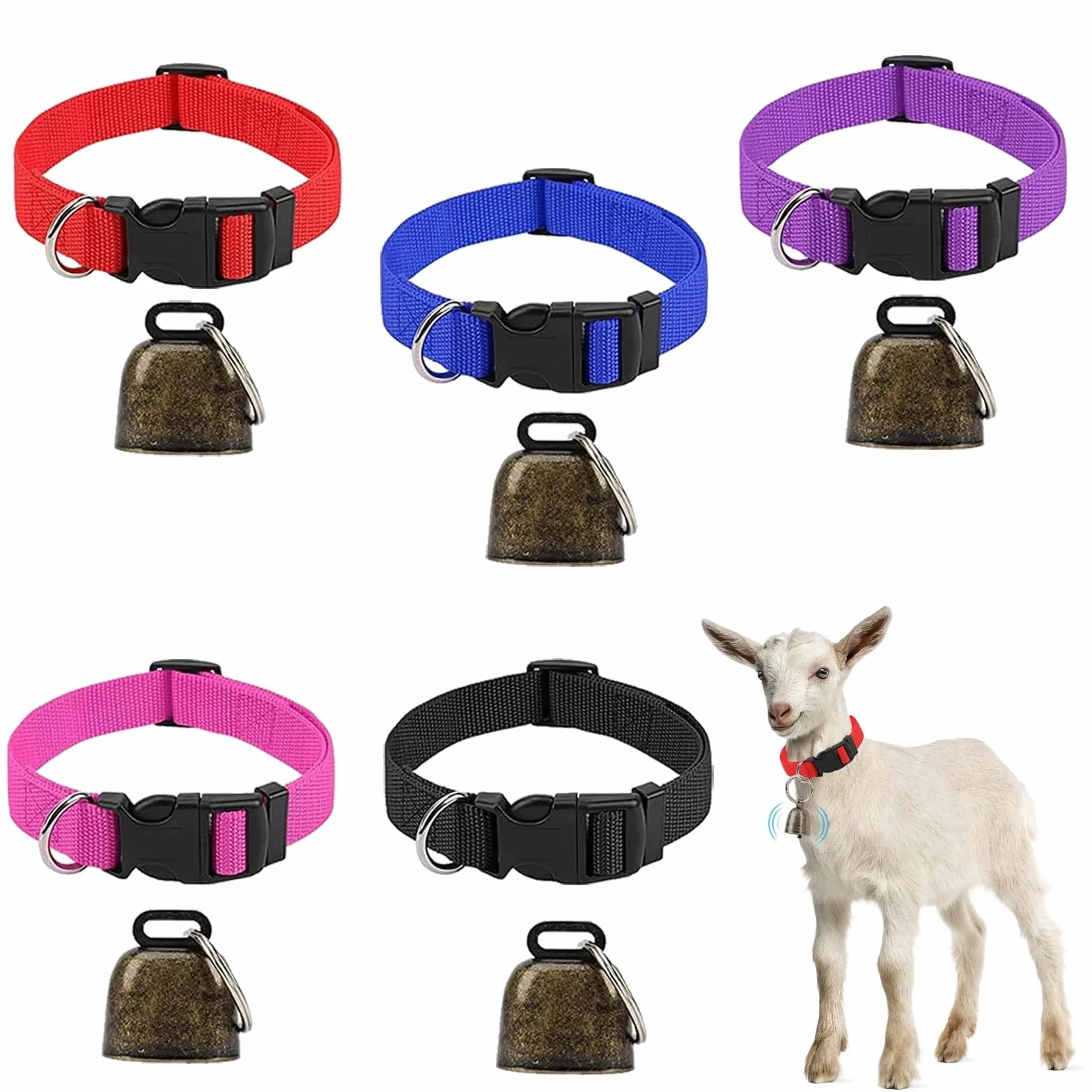 Collier de chèvre avec cloche, collier mouton réglable nylon, lot de 5