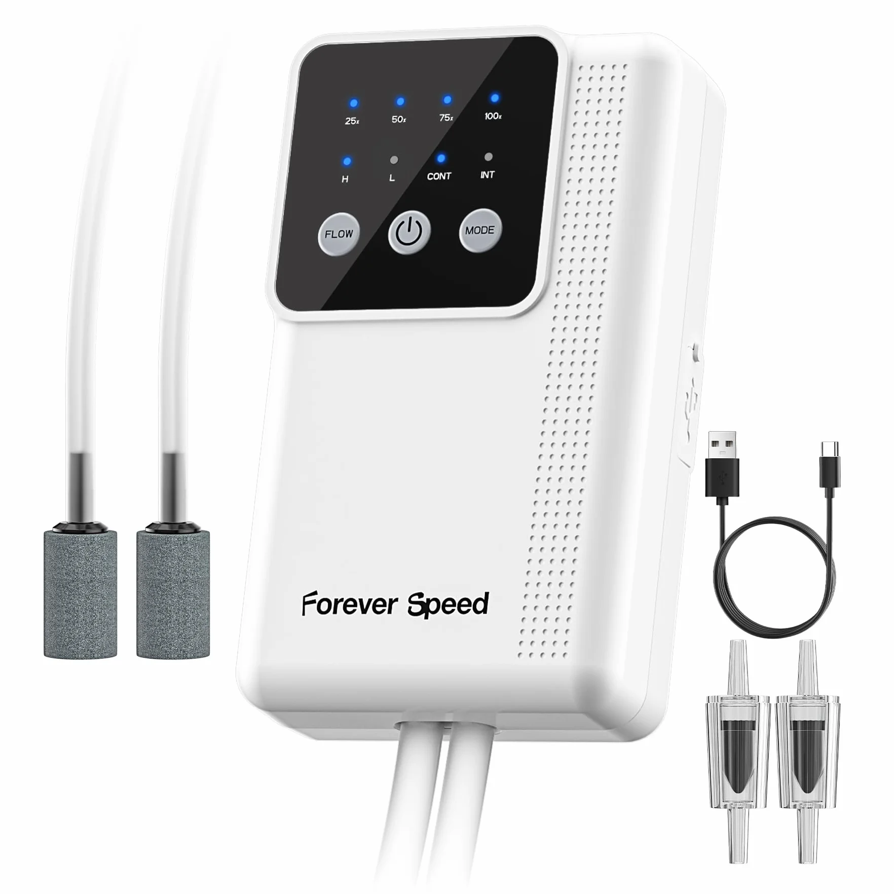 Forever Speed Pompe à Air pour Aquarium LED Rechargeable Réglable avec Batterie 2 Sorties