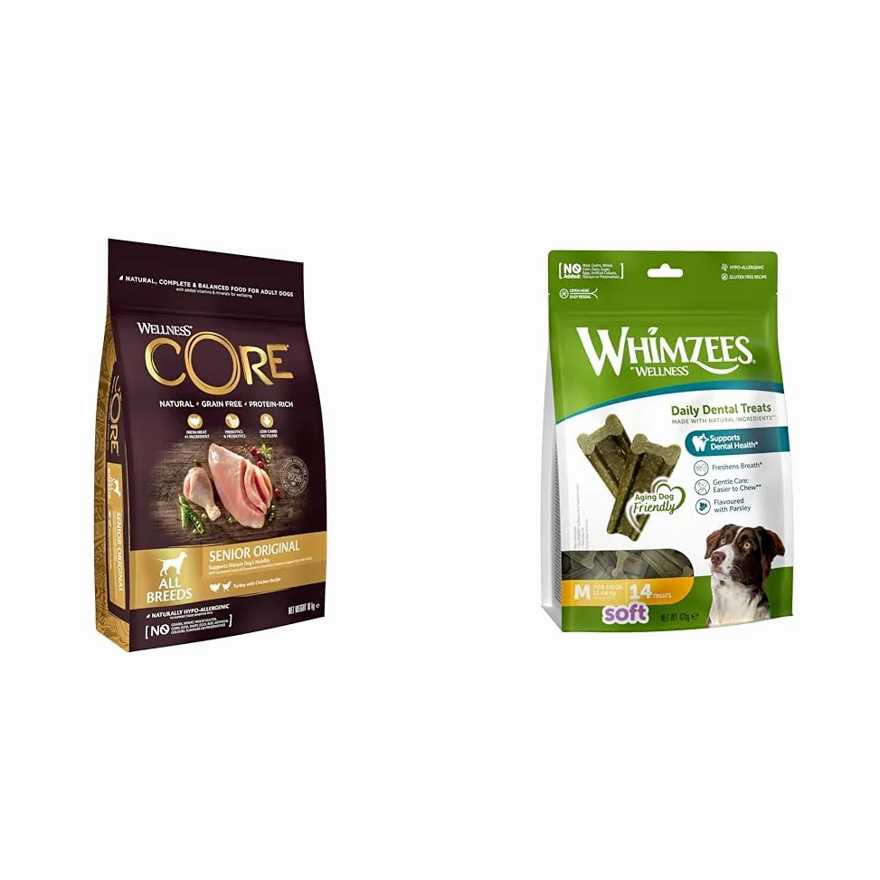 Wellness CORE Croquettes Chien Sénior de Taille Moyenne, Dinde & Poulet, 10kg + WHIMZEES Bâtonnets à Mâcher Tendres, Chien de Taille Moyenne, Friandises Dentaires, 14 Pièces