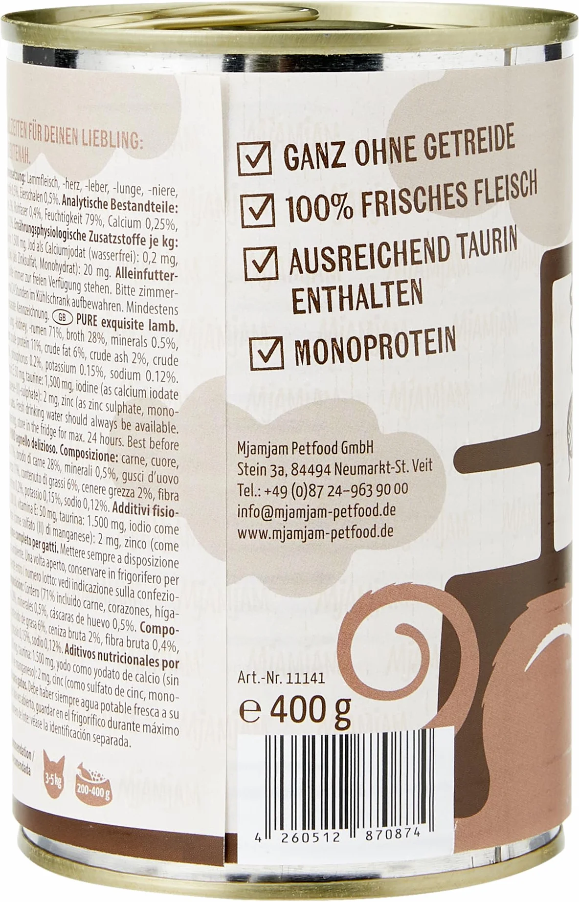 MjAMjAM - nourriture humide premium pour chats - pur plaisir de la viande - délicieux agneau pur, pack de 6 (6 x 400 g), sans céréales avec un supplément de viande