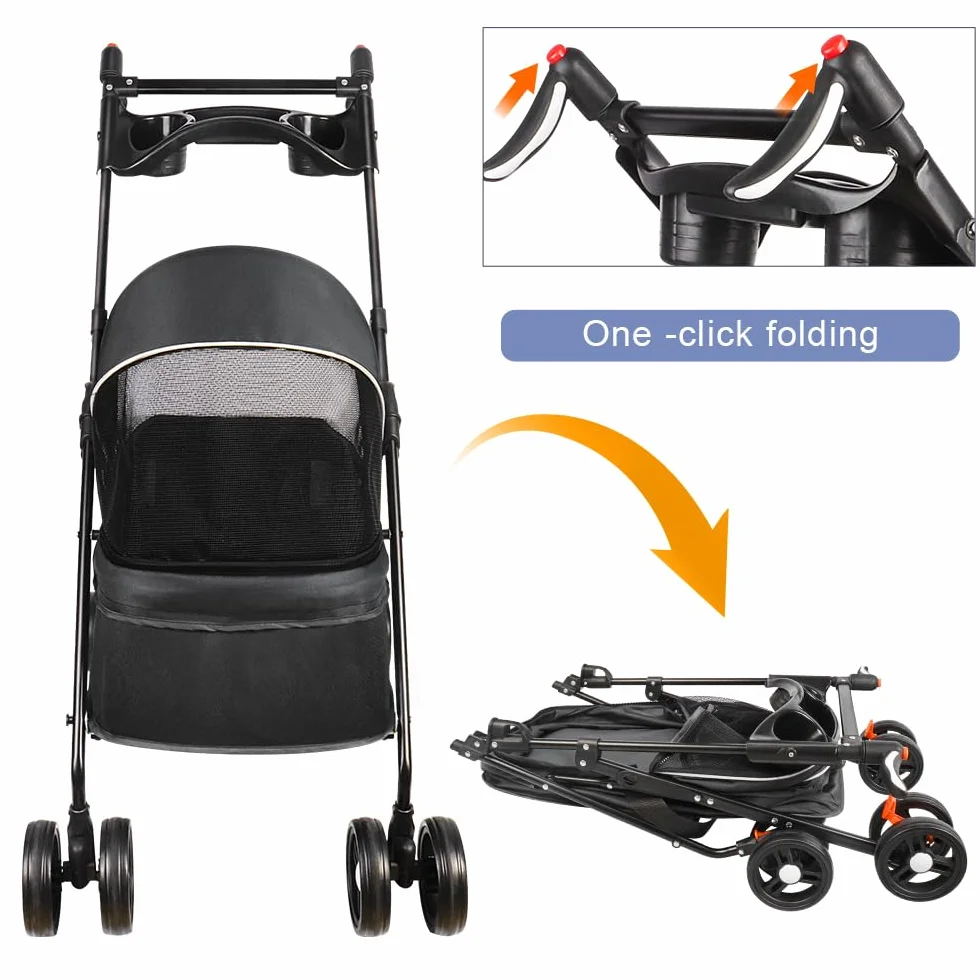 Poussette pour Chien 25 Kg avec Sac de Rangement, Housse de Pluie et Porte-gobelet - Pet Stroller Buggy 50x70x95cm Noir