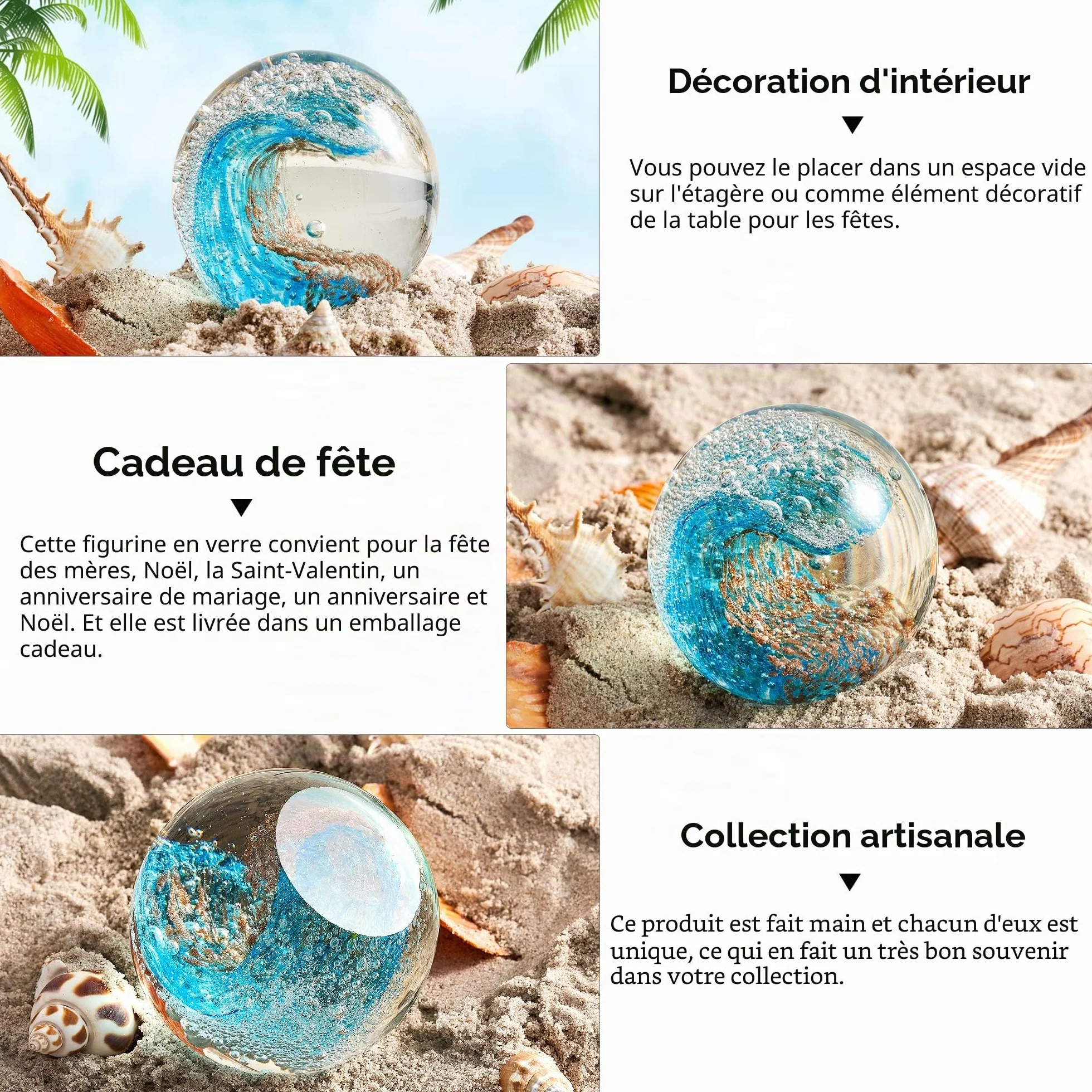 EUSTUMA Figurines en Verre Boule Océan Vagues Presse-Papier Déco Maison Collection