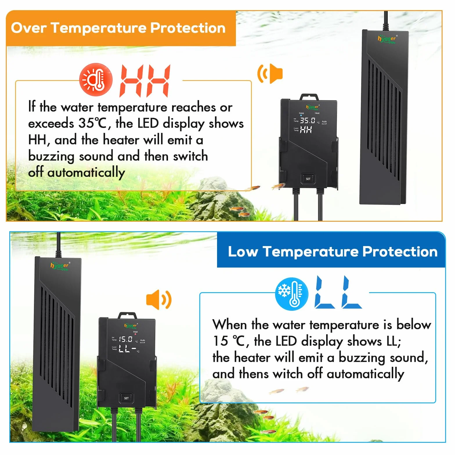 hygger Submersible Chauffage Aquarium,1000W Réglable Aquarium Heater Fish Tank Heater avec Digital Display Controller Chauffage Aquarium Tortue de 492-984L Freshwater Tanks