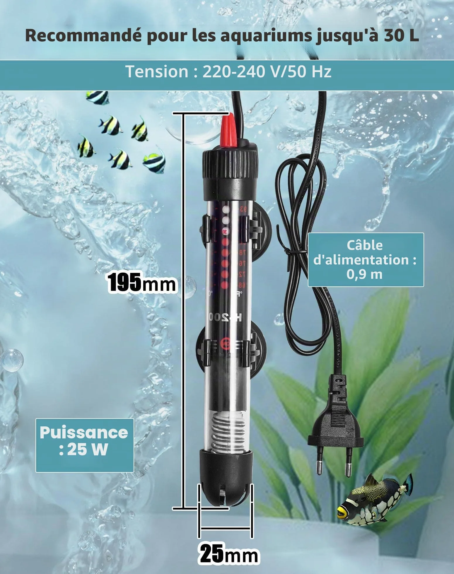 NETONDA Chauffage d'aquarium Réglable 30 l 25 W Résistance Aquarium avec Thermostat 20-34 °C pour Réservoirs à Poissons et Aquarium