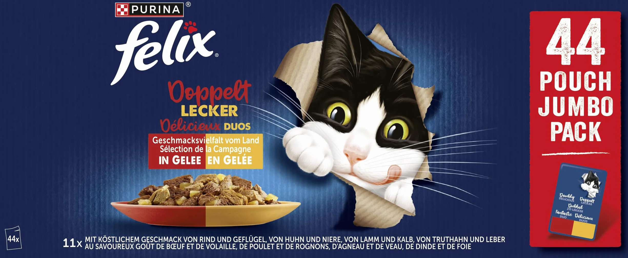 Felix Aussi Bon qu'il en a l'air Double Délicieux Nourriture pour Chat Humide en gelée, variété de goûts Pays, 44 x 85 g