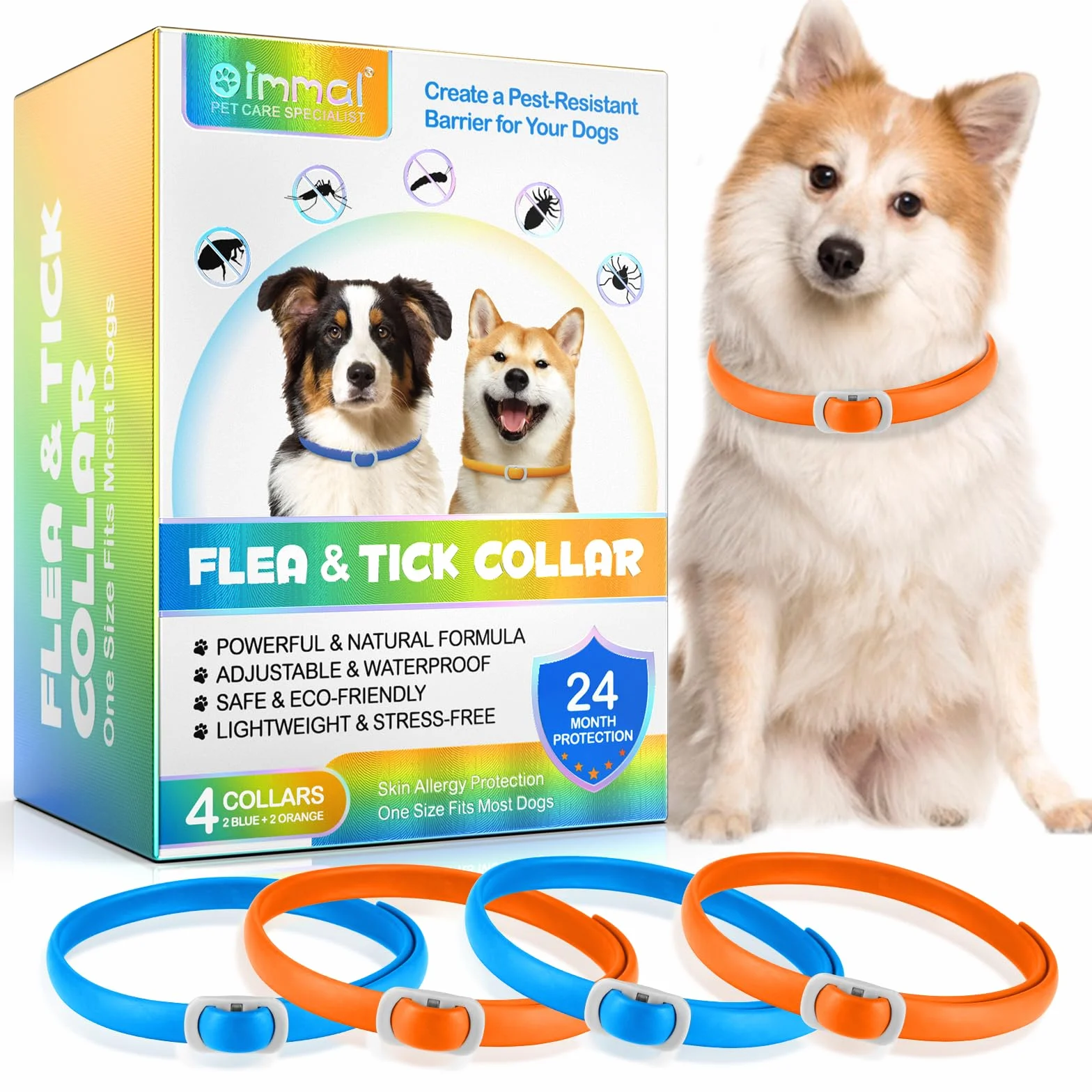 Collier Anti Puces pour Chien, 4 Pièces Anti Tiques pour Chien, Réglable et Imperméable, Sûr et Naturel, Longueur 60cm, Protection 24 Mois, pour Chiens de Petite Moyenne et Grande Taille (Bleu&Orange)