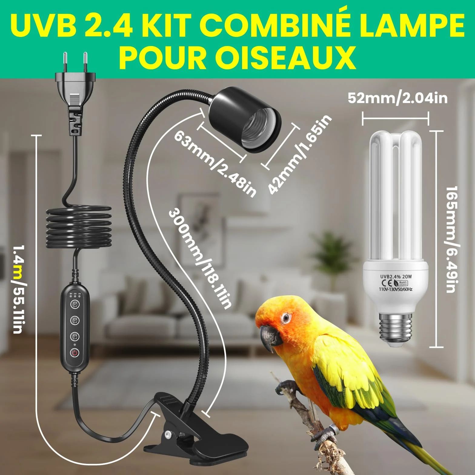 GlowUp UVB 2.4 Kit Complet d'éclairage pour Oiseaux, Lampe à Pince E27 20W