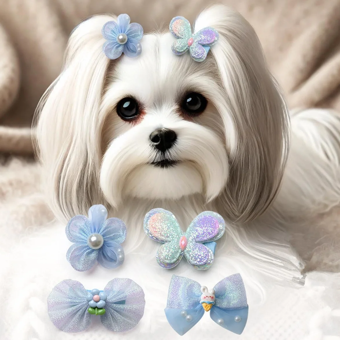 Lot de 4 pinces à cheveux pour petit chien, nœud papillon bleu et fleur