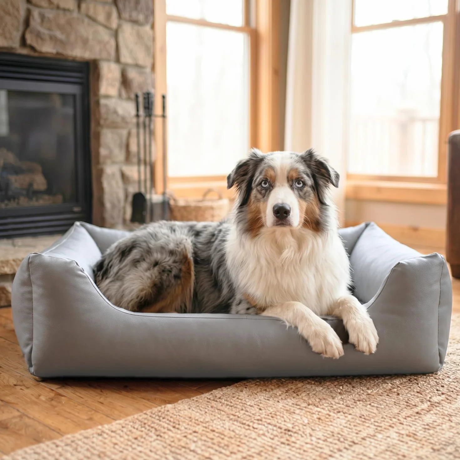 Panier Chien Orthopédique Mémoire de Forme 4L Textil Mario Lit Simili Cuir Imperméable Gris 120x90 cm