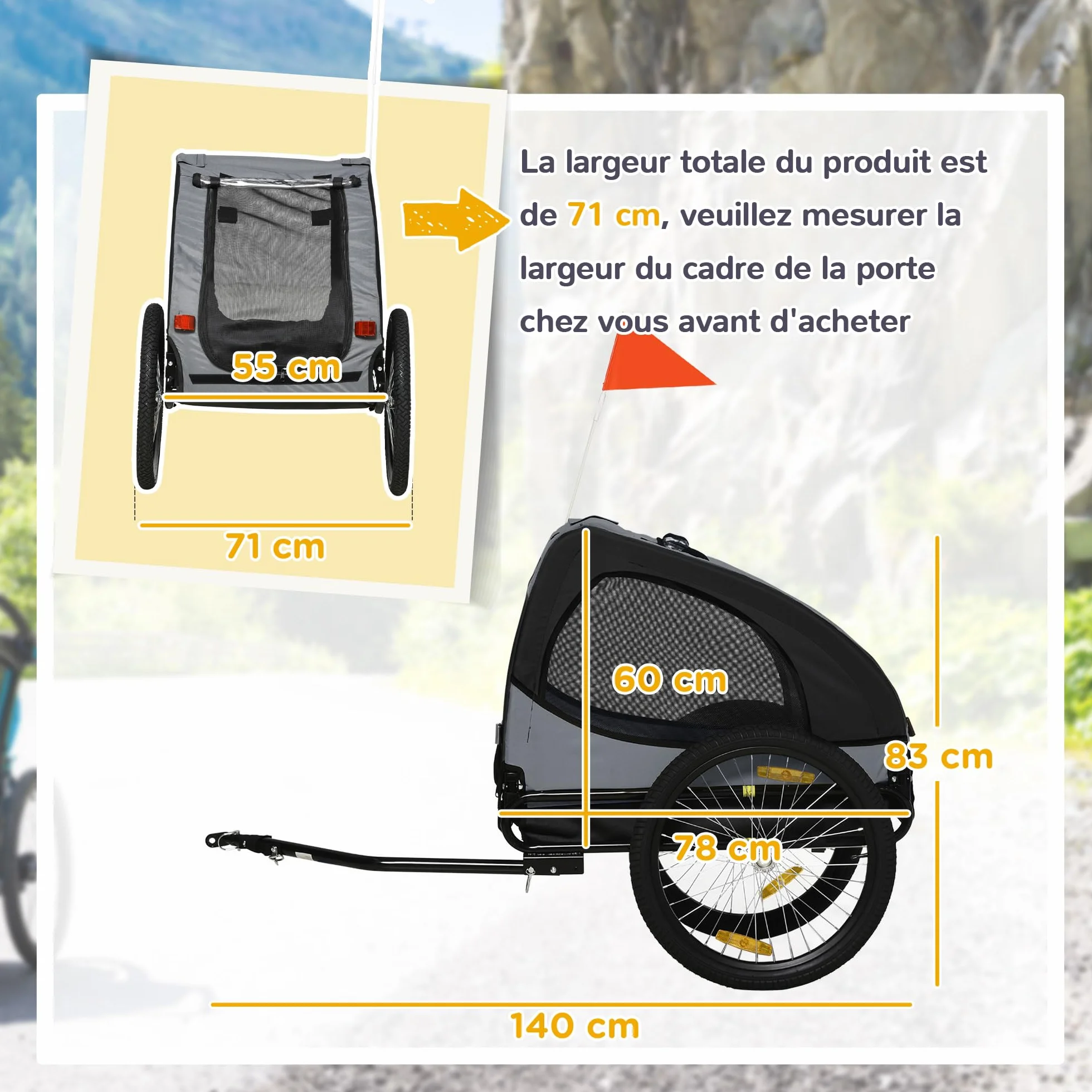 PawHut Remorque vélo Chien avec pneus 20 Pouces - Chariot pour Chien Moyen avec Structure en Acier et Mailles renforcées - Transport Animaux pour VTT et Balade extérieur