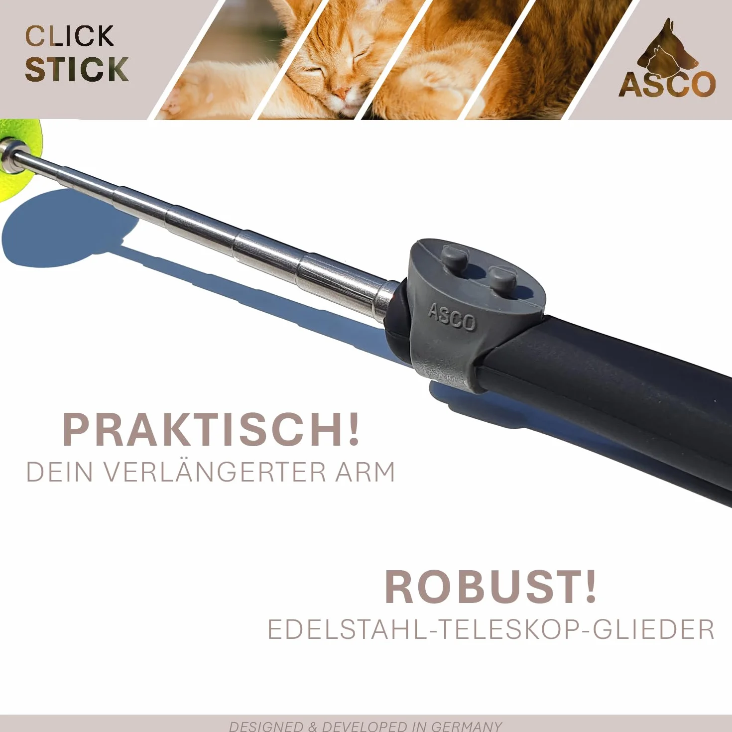 ASCO ClickStick®, Target Stick avec cliquet de qualité supérieur Amovible, Cible télescopique pour Chiens, Chats, Cheval cliquet de Dressage, Noir AC01TCS