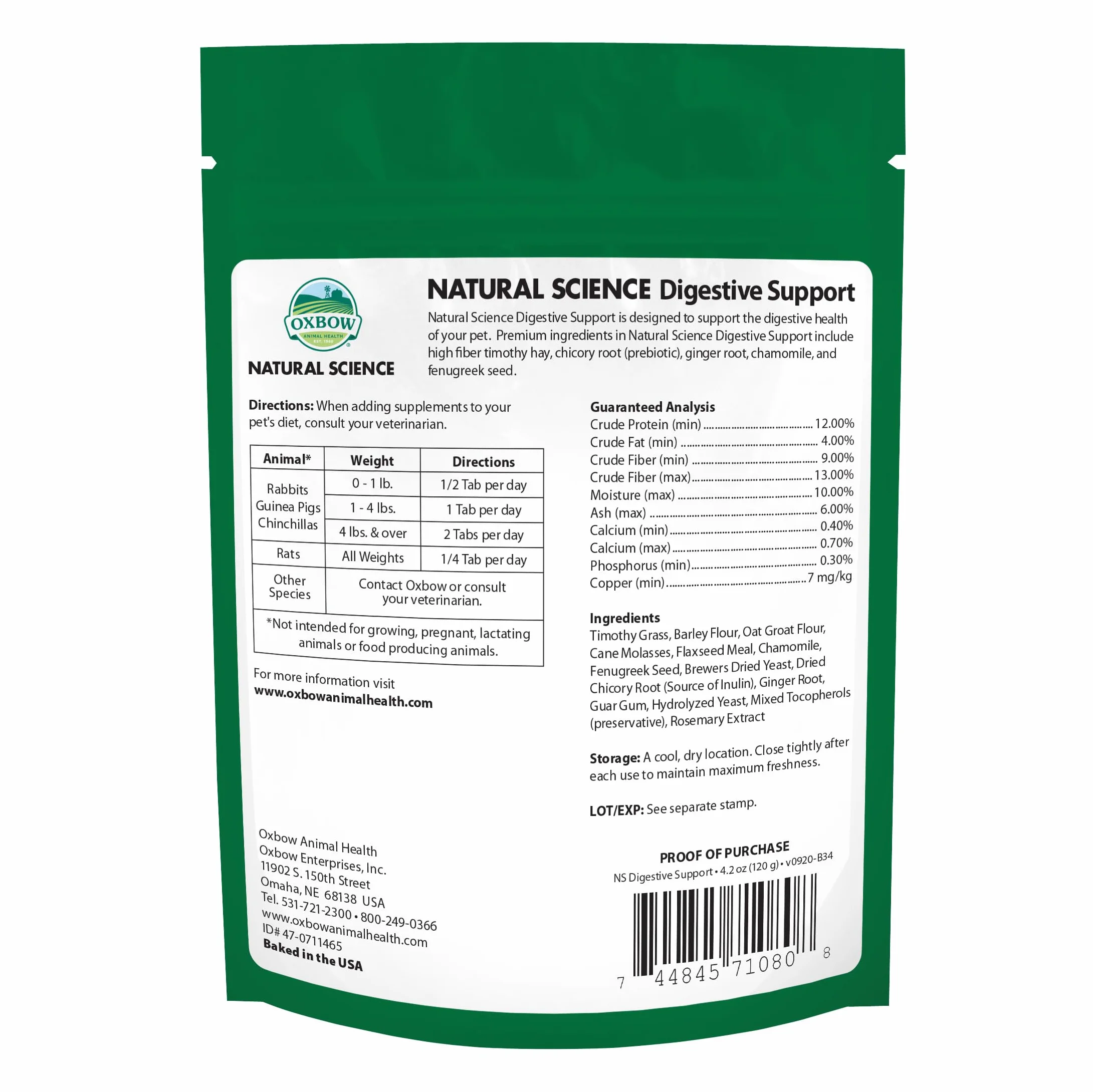 Oxbow Animal Health Natural Science Support digestif Complément Alimentaire Haute teneur en Fibres pour Lapin Cochon d'Inde Foin Timothy Racine chicorée