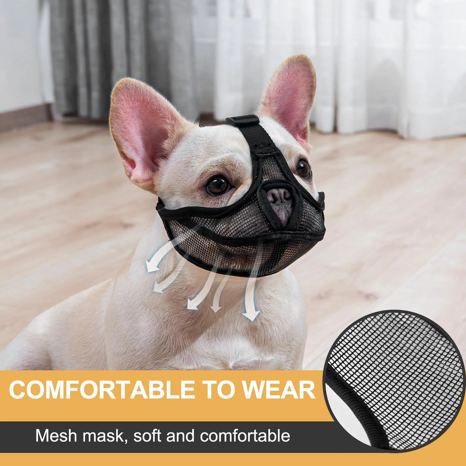 Muselière pour Chien Bouledogue français, muselière pour Chien à museau Court, Maille Respirante Ajustable, Anti Morsure, Mastication, aboiement(M,Noir)