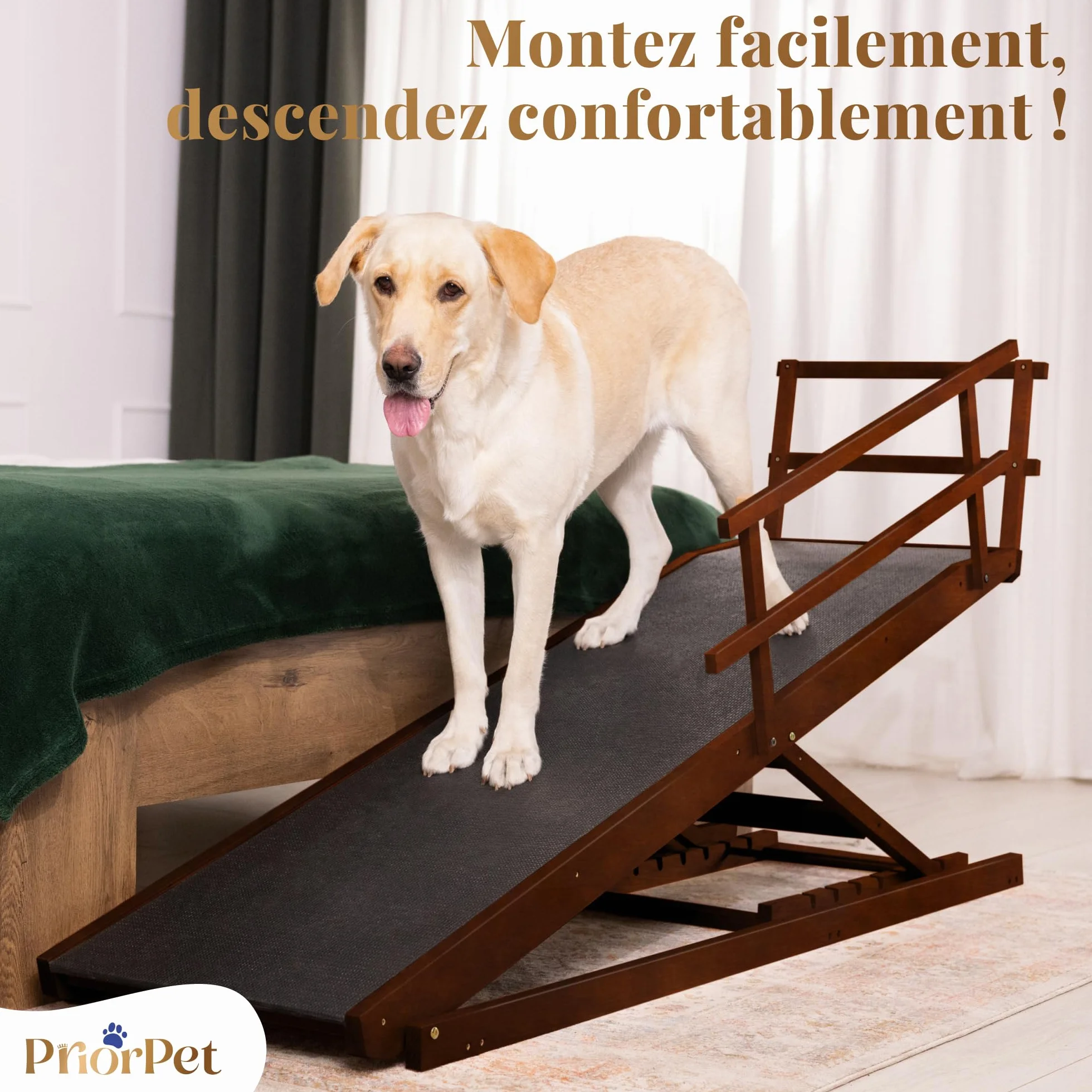 Rampe pour Chien Grande Taille avec Barrières de Sécurité, Pliable, Antidérapante, Bois de Bouleau, Noix, jusqu'à 94,5 cm, 90 kg