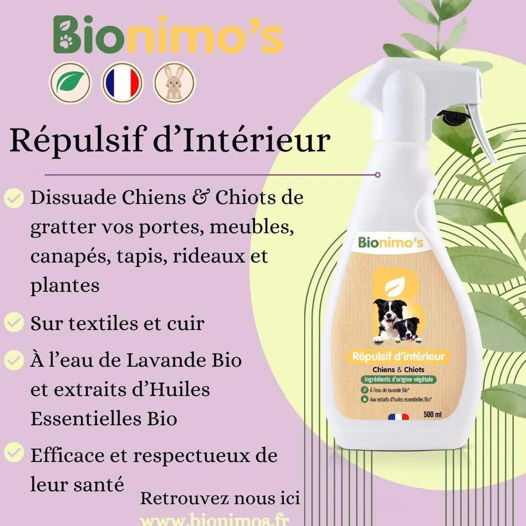 Spray Répulsif Intérieur Anti-griffes Chiens Chiots Naturel Végétal Eau Lavande Bio Huiles Essentielles Bio 100% Français