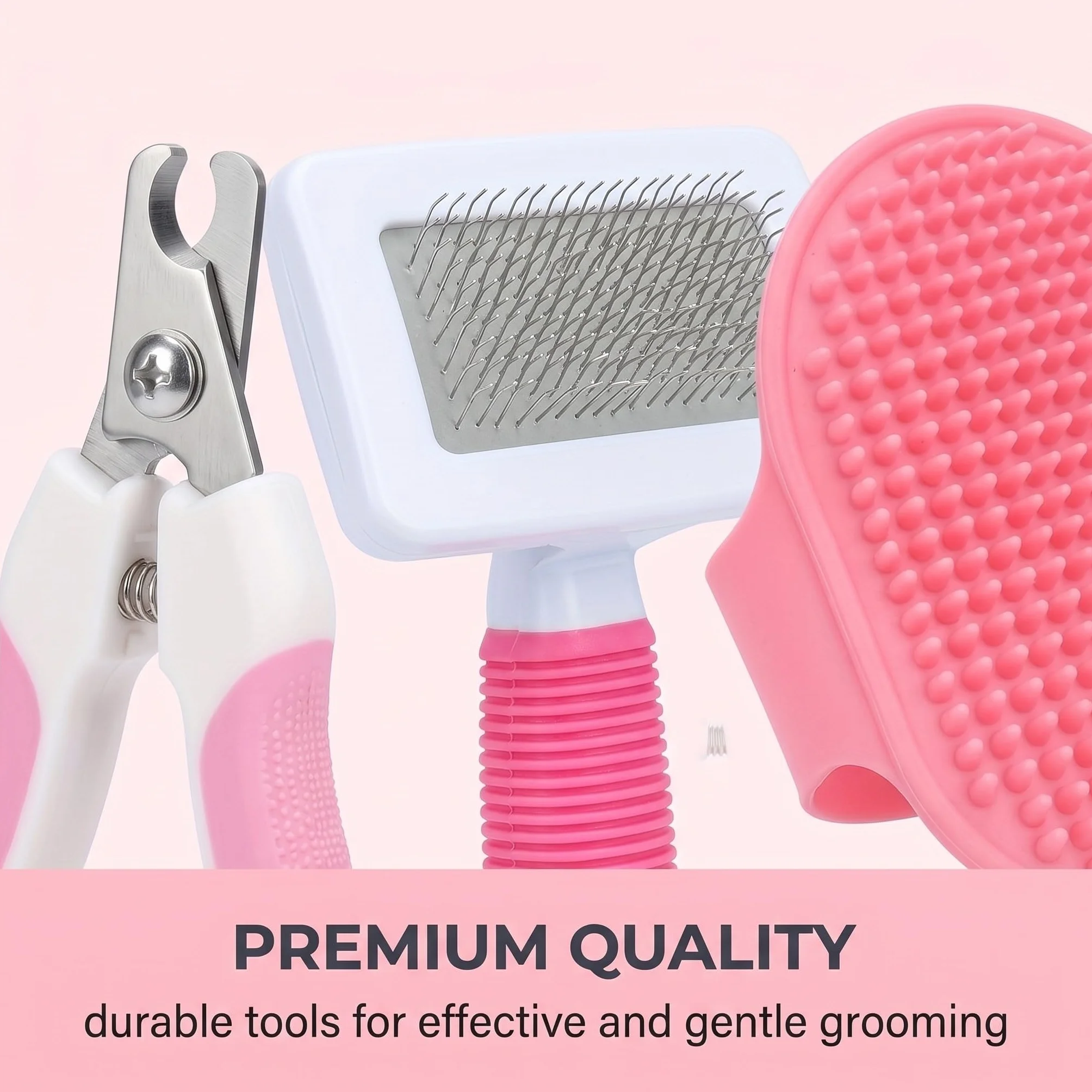 Ensemble de soins pour lapins 8 pièces rose – Accessoires pour lapins avec coupe ongle, lime, peigne anti-puces, brosse lapin, brosse de bain et gant de massage