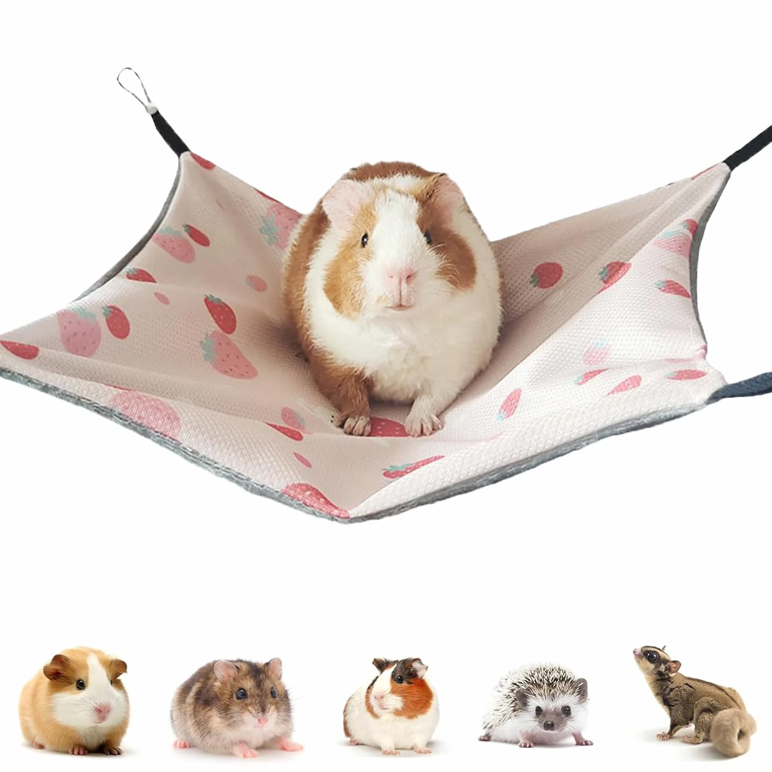 Hamac Cochon d'Inde Avocat Cousu Main 34CM x 34CM Cage Furet Réglable Librement pour Repos Jeu Sieste Cabane Lapin Conception Antidérapante pour Lapin Hamster Cochon d'Inde (Fraise Rose)