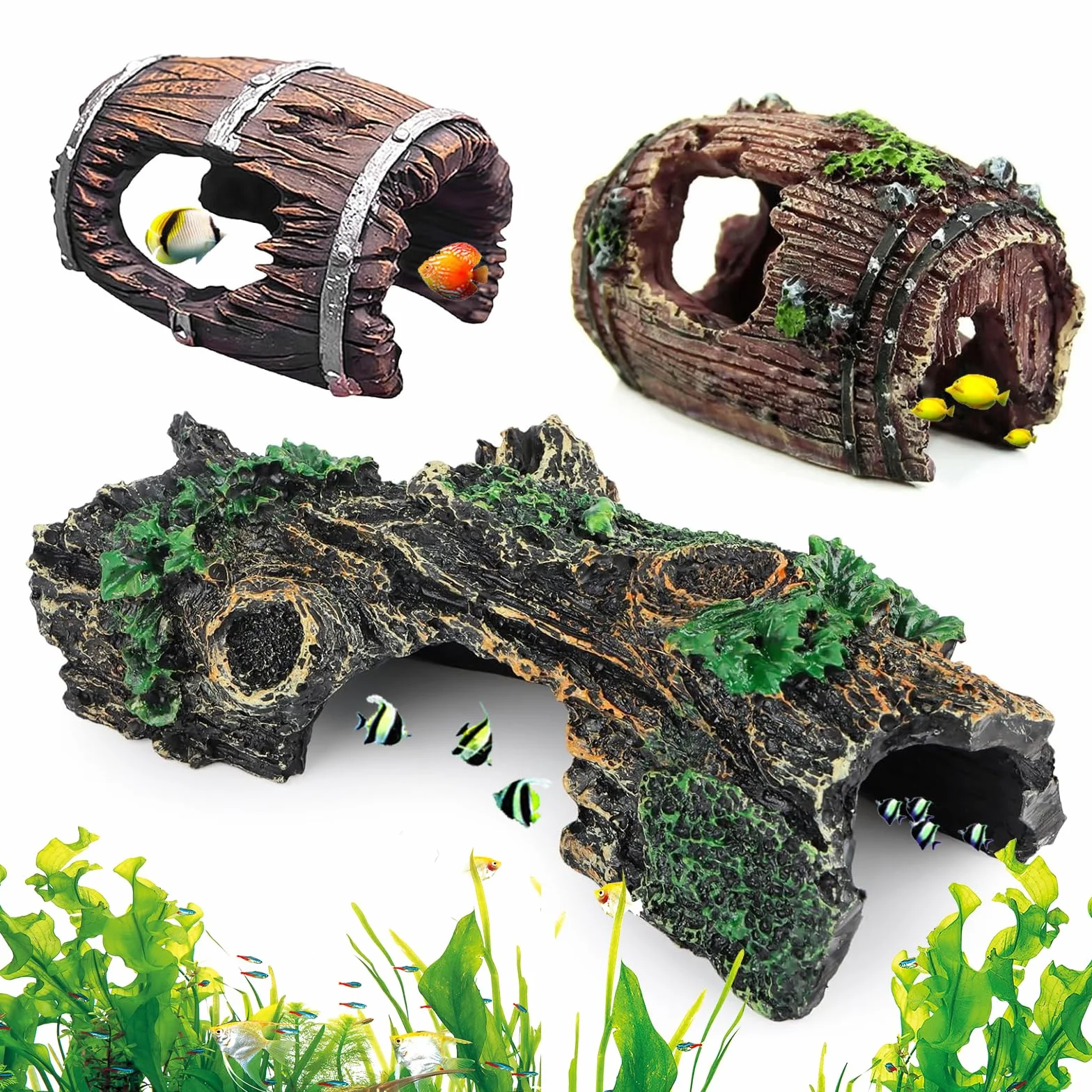Décoration Aquarium Grain de Bois 3 Pièces, Cachette Sûre Non Toxique pour Crevettes Poissons Petite Moyenne Taille