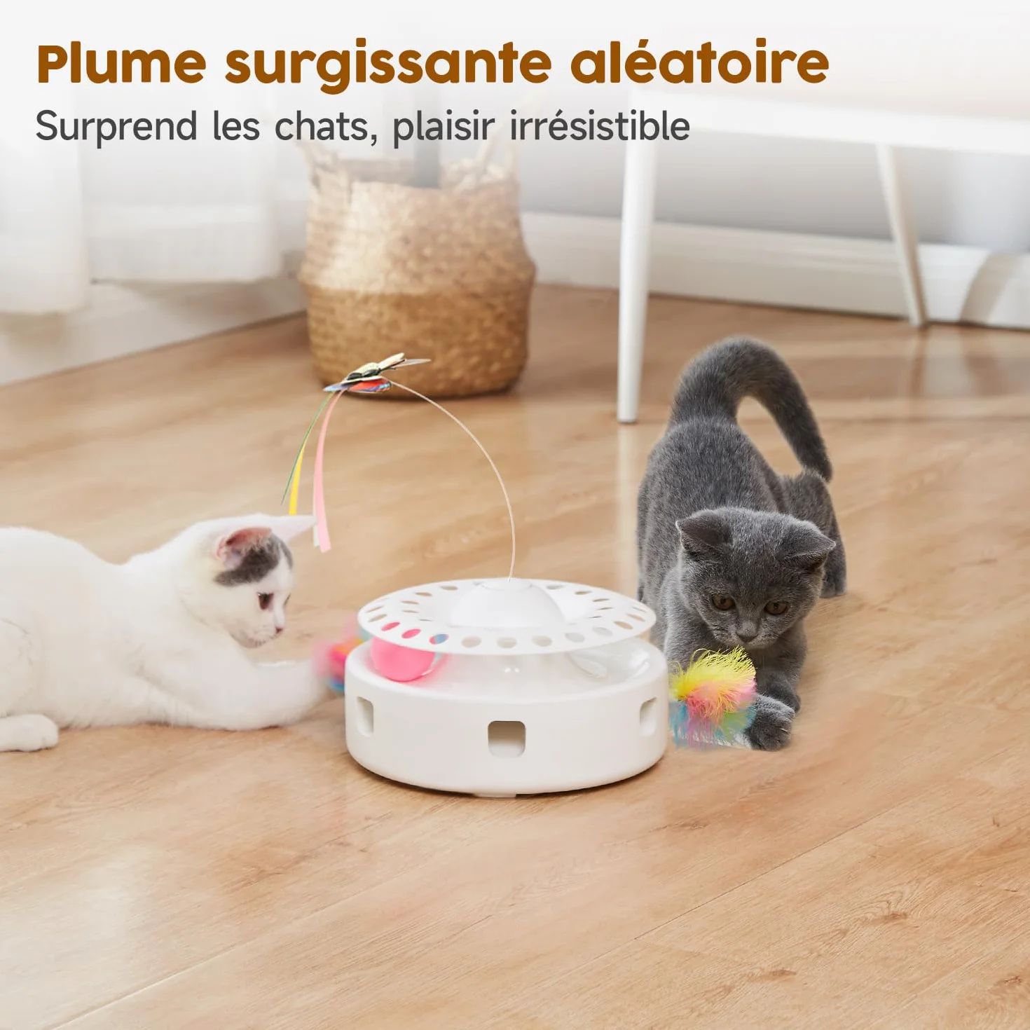 Potaroma Jouet Interactif Automatique 3-en-1 pour Chats d'Intérieur – Plumes Mobiles, Papillon Volant & Balles de Piste, Double Alimentation USB ou Piles